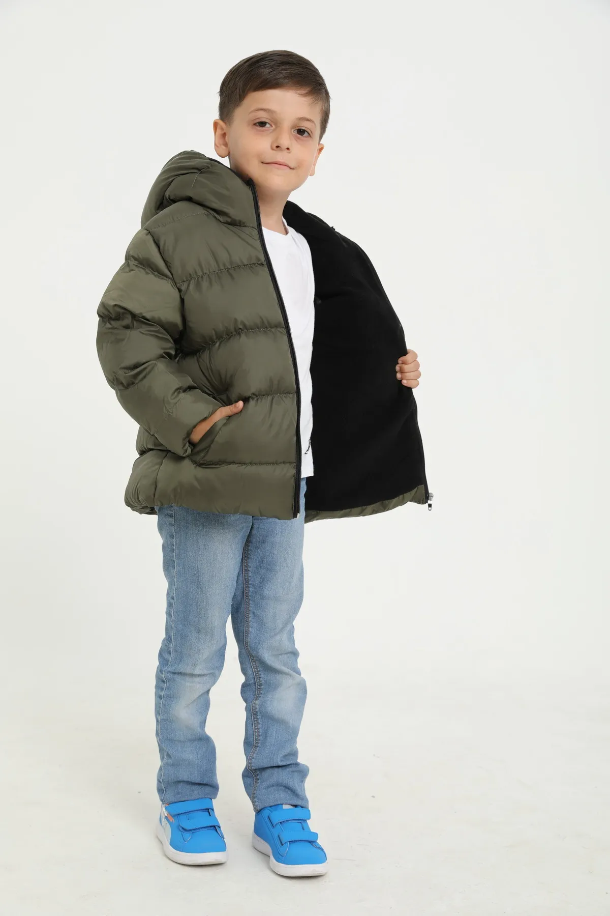 freemen  Khakifarbener Fleece-Fell-Kapuzen-Wintermantel für Jungen, wasserdicht, windabweisend, mit Taschen