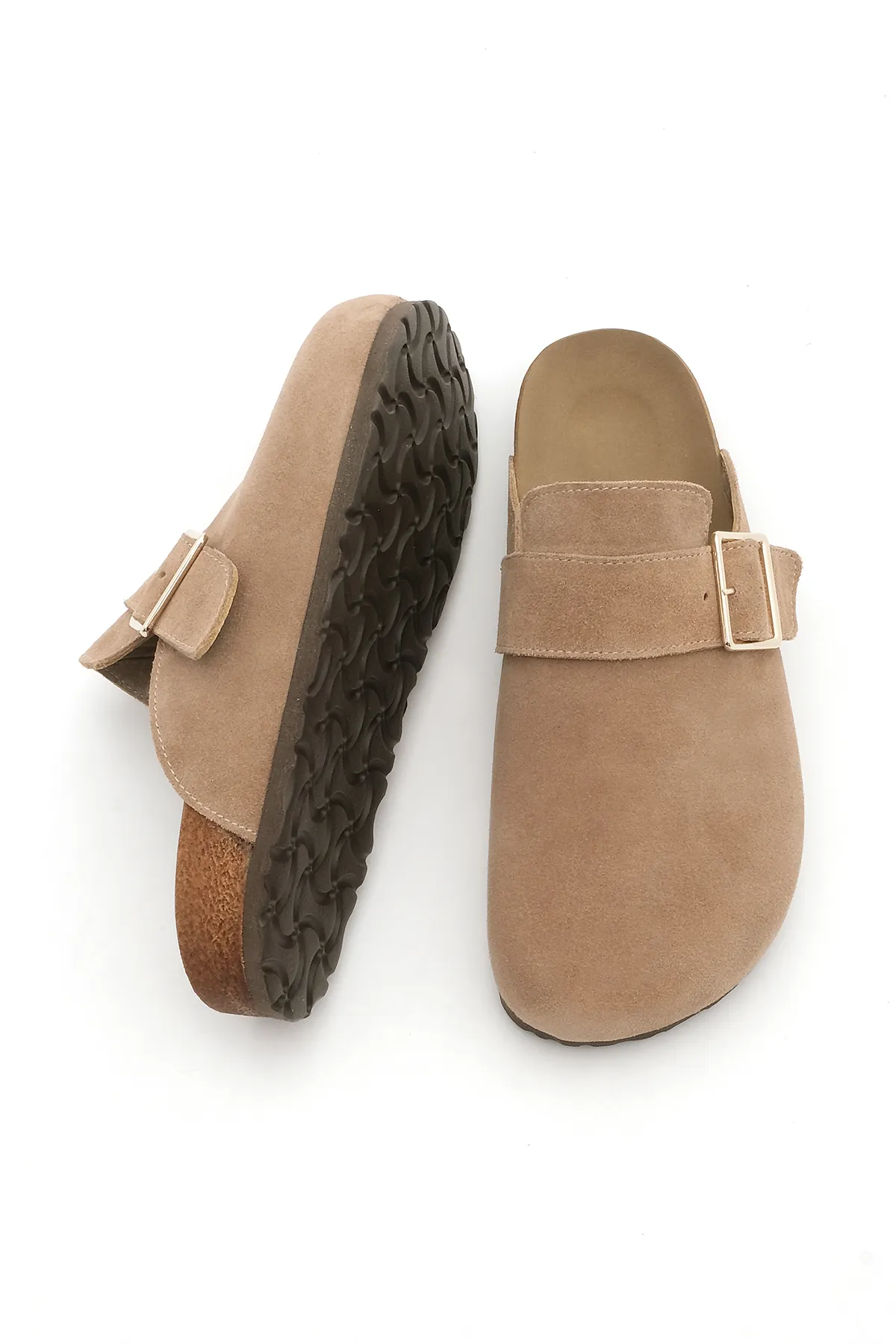 Marjin  Damen-Hausschuhe aus echtem Leder mit Eva-Sohle und geschlossener Schnalle vorne, Sumpa Camel Wildleder