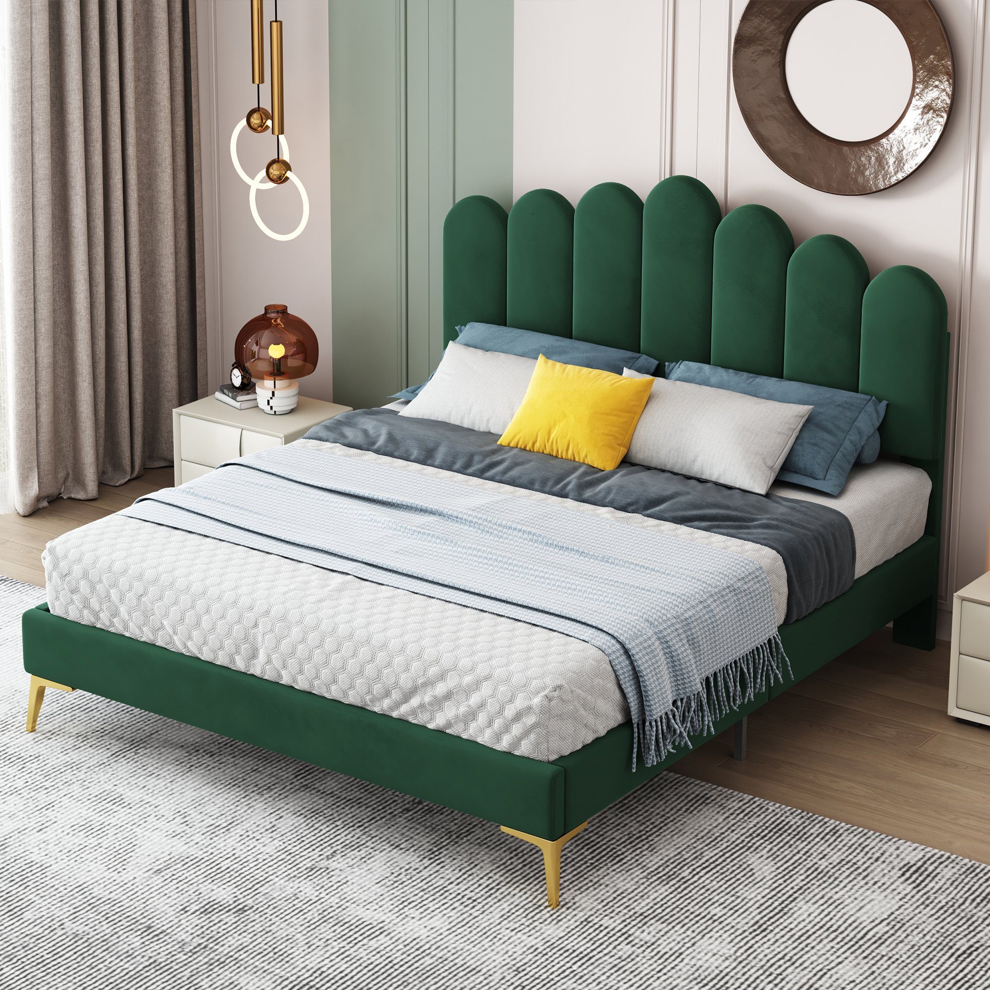 HAUSS SPLOE Polsterbett Polsterbett Funktionsbett Bettrahmen KInderbett Doppelbett (hautfreundlichem Samtstoff, Bettgestell mit Kopfteil und Lattenrost), ohne Matratze