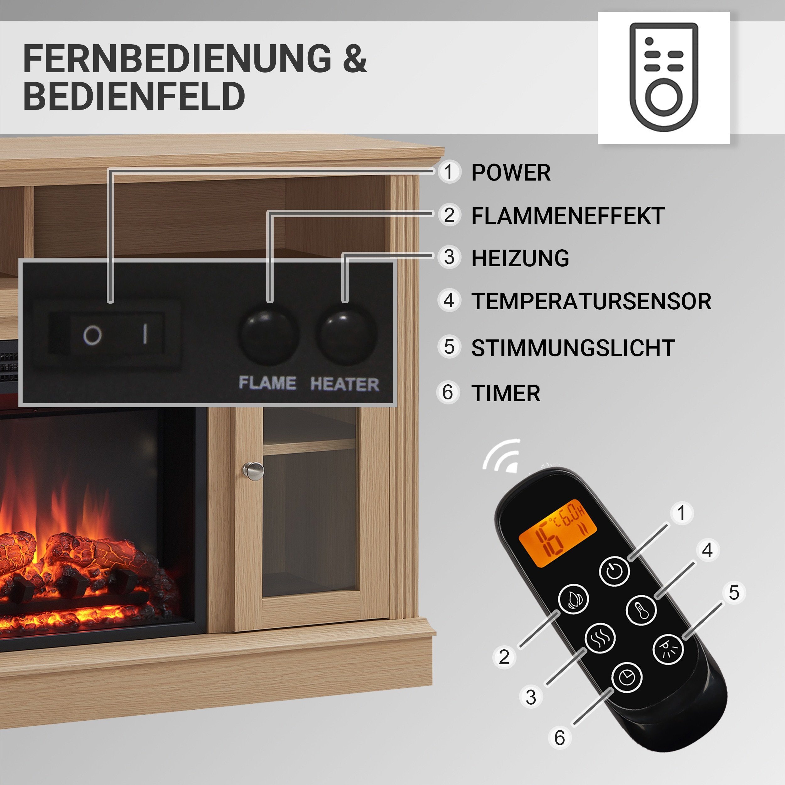 Balderia Elektrokamin James, Standkamin mit Heizung 2000W, 3D-Flammeneffekt, LED-Beleuchtung, Fernbedienung, Timer, Thermostat