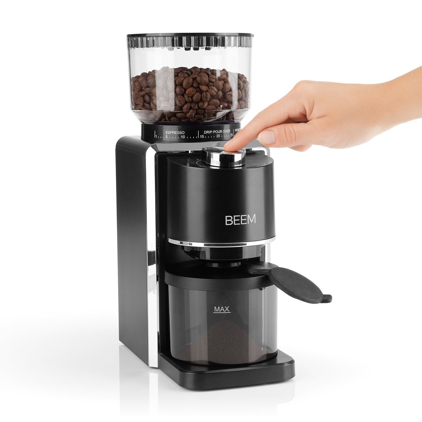 BEEM Kaffeemühle GRIND-PERFECT elektrisch 250 g, 150,00 W, 250,00 g Bohnenbehälter, Mengendosierung per Drehrad einstellbar (2-12 Tassen)