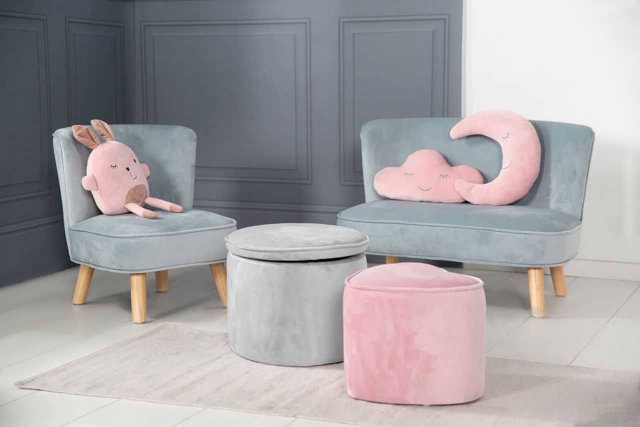 Roba Kinderhocker mit Aufbewahrungsfunktion „Lil Sofa“, oval, bequemer Hocker mit grauem Samtstoff