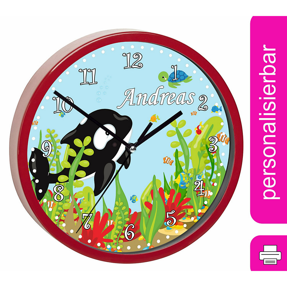 Kinder Wanduhr laufruhig personalisiert mit Name Unterwasserwelt