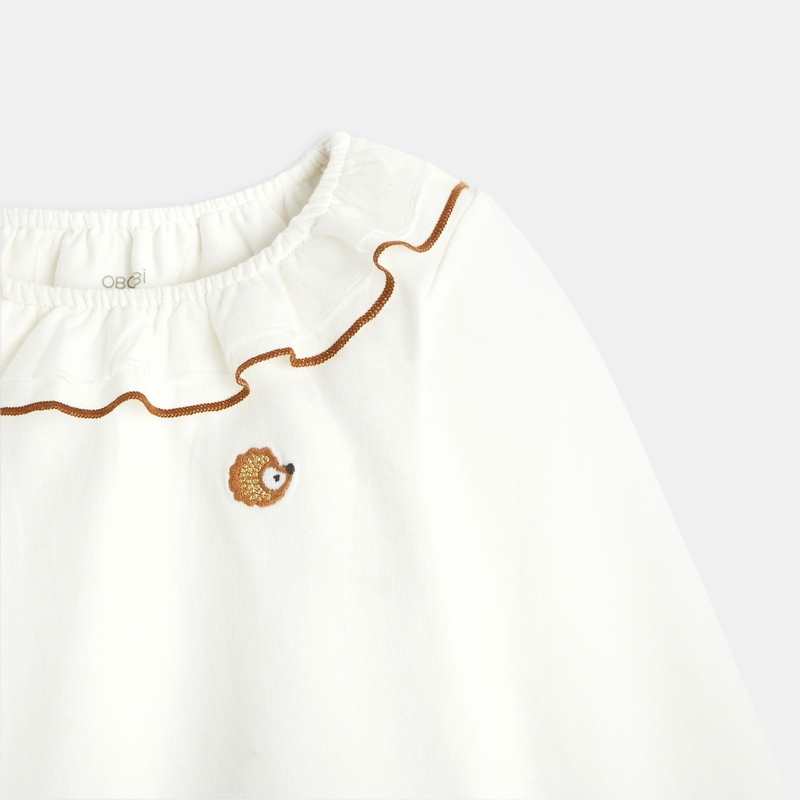 T-shirt à col volants hérisson brodé beige bébé fille