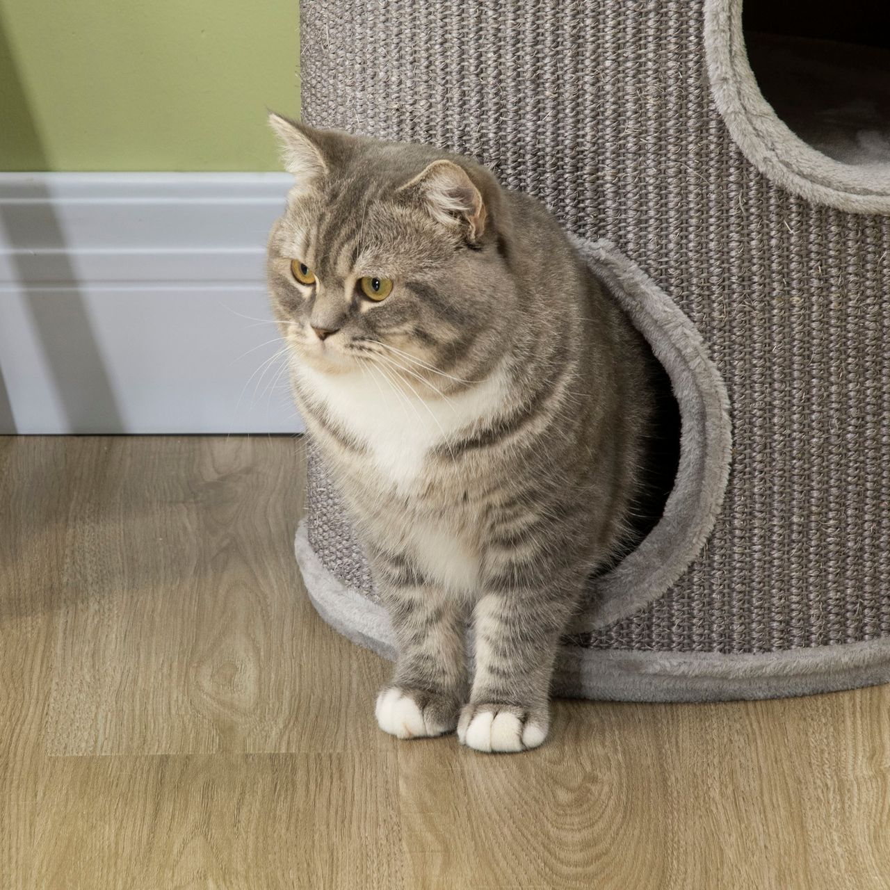 PawHut Kratztonne, Katzenkratzbaum mit 3 Höhlen, Spieltonne für Katzen, Hellgrau