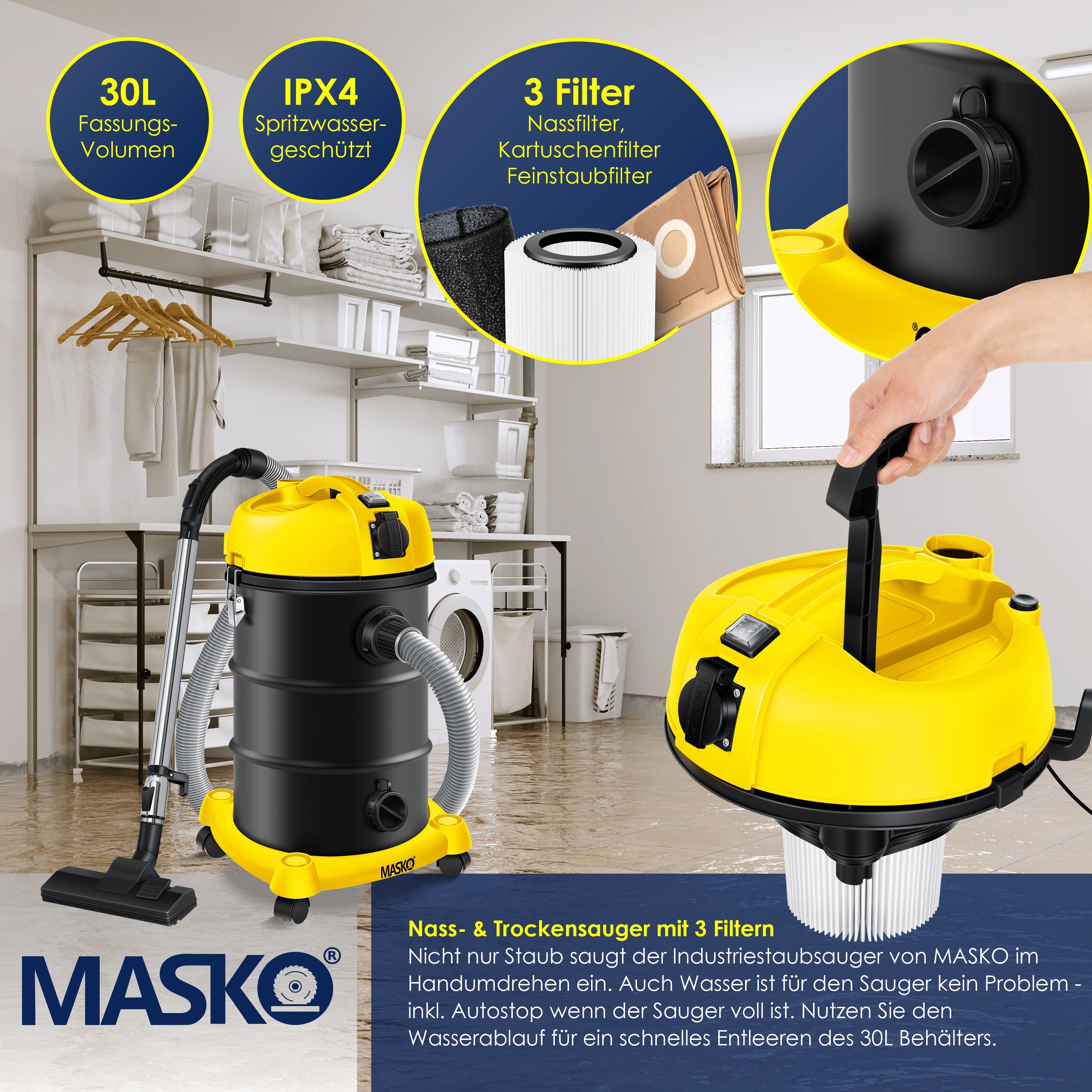 MASKO Industriesauger, 2300 W, 6IN1 Industriestaubsauger Staubsauger Nass Trocken Sauger