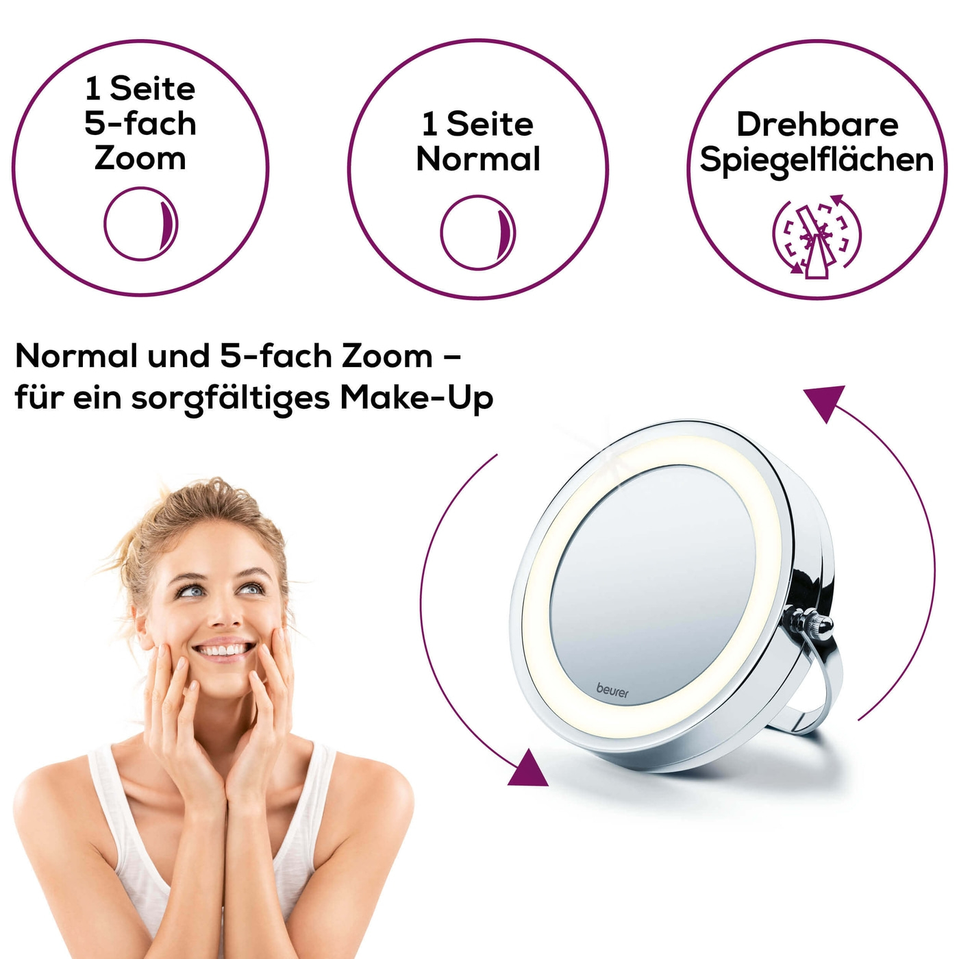 Beleuchteter Kosmetikspiegel BS 59-2-in-1 Wand- und Standspiegel beleuchtet mit 5-fach Zoom