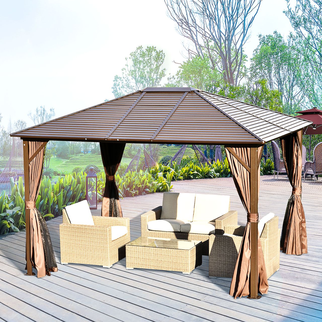 Outsunny Gartenpavillon Pavillon 300L x 365B x 262H cm Gartenzelt Festzelt Partyzelt mit 4 x Doppel-Seitenteilw wetterfest Aluminium Polyester Bronze