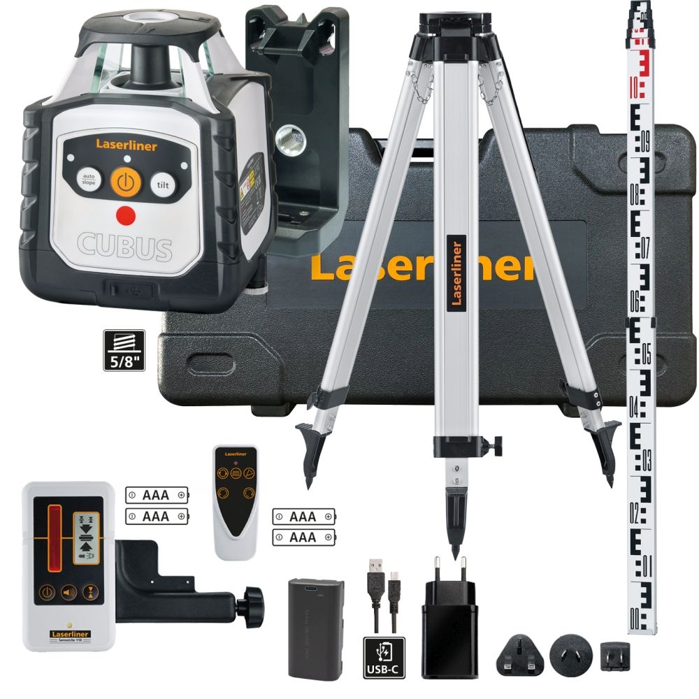 „Laserliner 052.325A Cubus 110 S“ komplektas: rotacinis lazeris + 150 cm trikojis + lazerio imtuvas + matavimo lazdelė