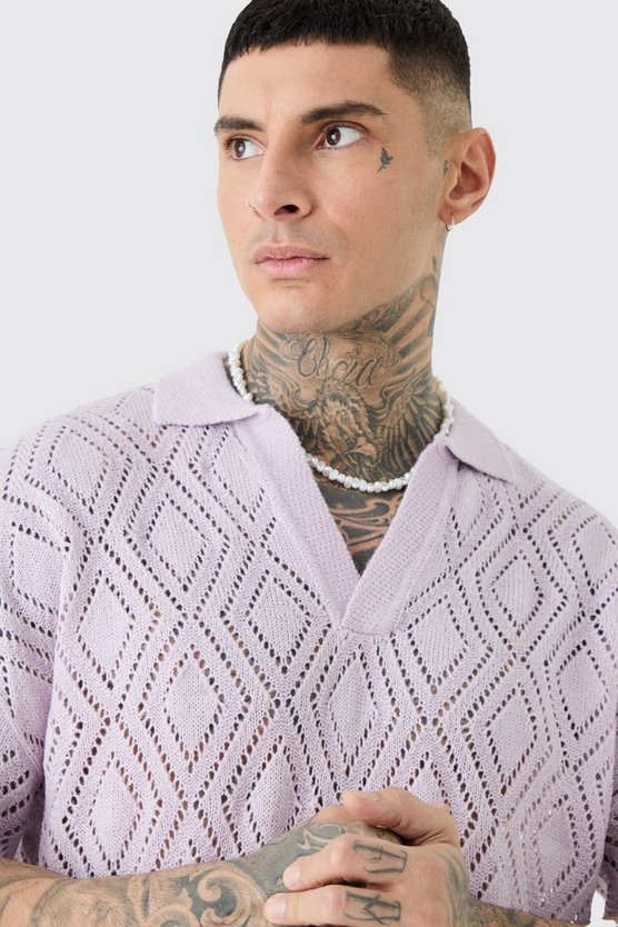 Tall kurzärmliges kastiges Strick-Poloshirt in Ecru