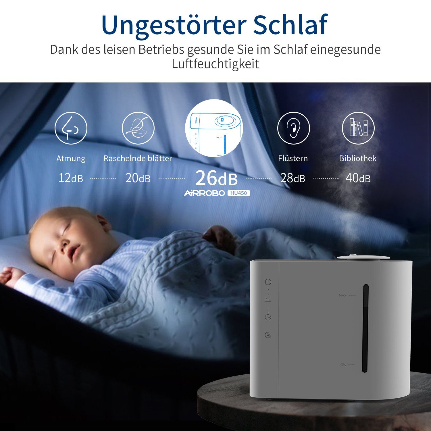 AIRROBO Luftbefeuchter HU450 , 360-Grad-Rotationsdüsen, automatische Abschaltung, 4,30 l Wassertank, Ultraschall-Technologie, Raumbefeuchter, Calmist 3.0™ Technologie