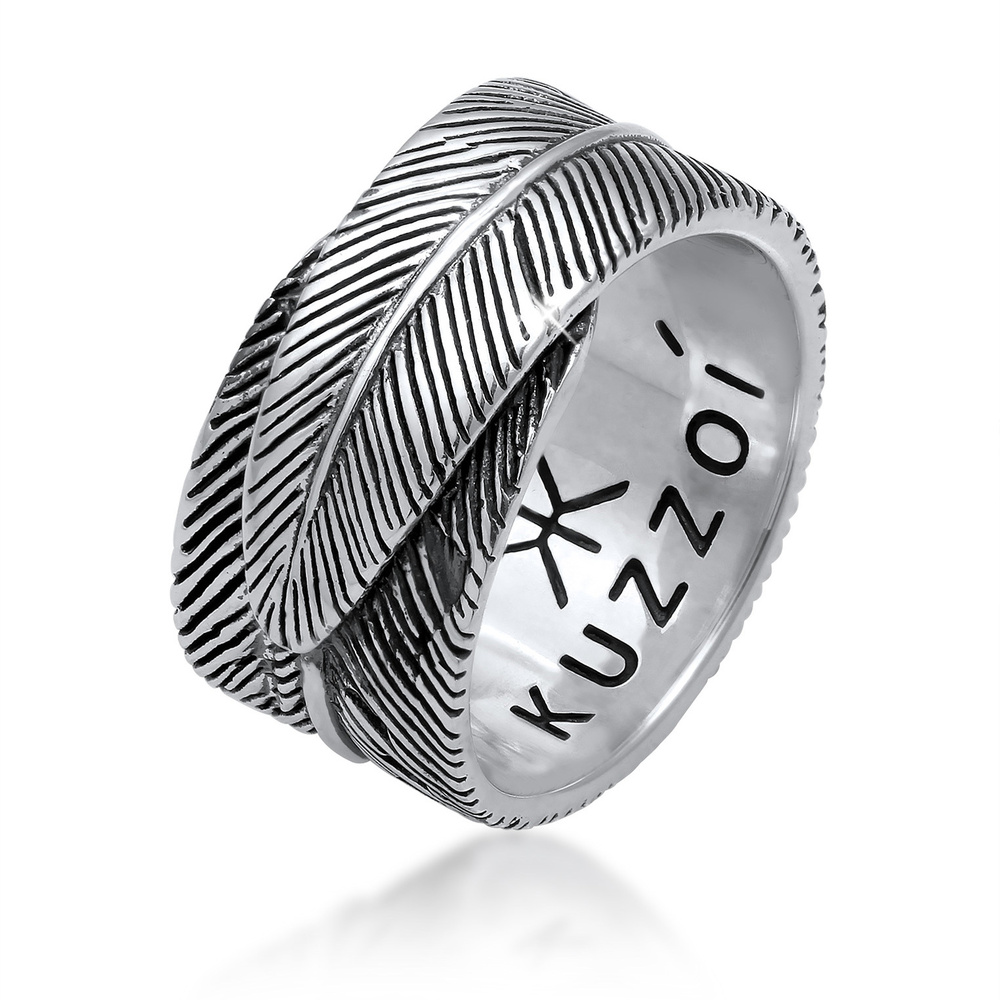KUZZOI KUZZOI Bague Plume pour homme Déclaration Chunky Vintage Trend Solide en argent s Bague