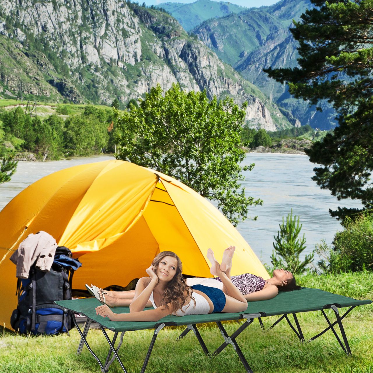 Outsunny Campingbett Klappbar für 2 Personen Feldbett Klappbett mit Tragetasche bis 136 kg belastbar Stahl Oxford Grün Schwarz 193 x 125 x 40 cm