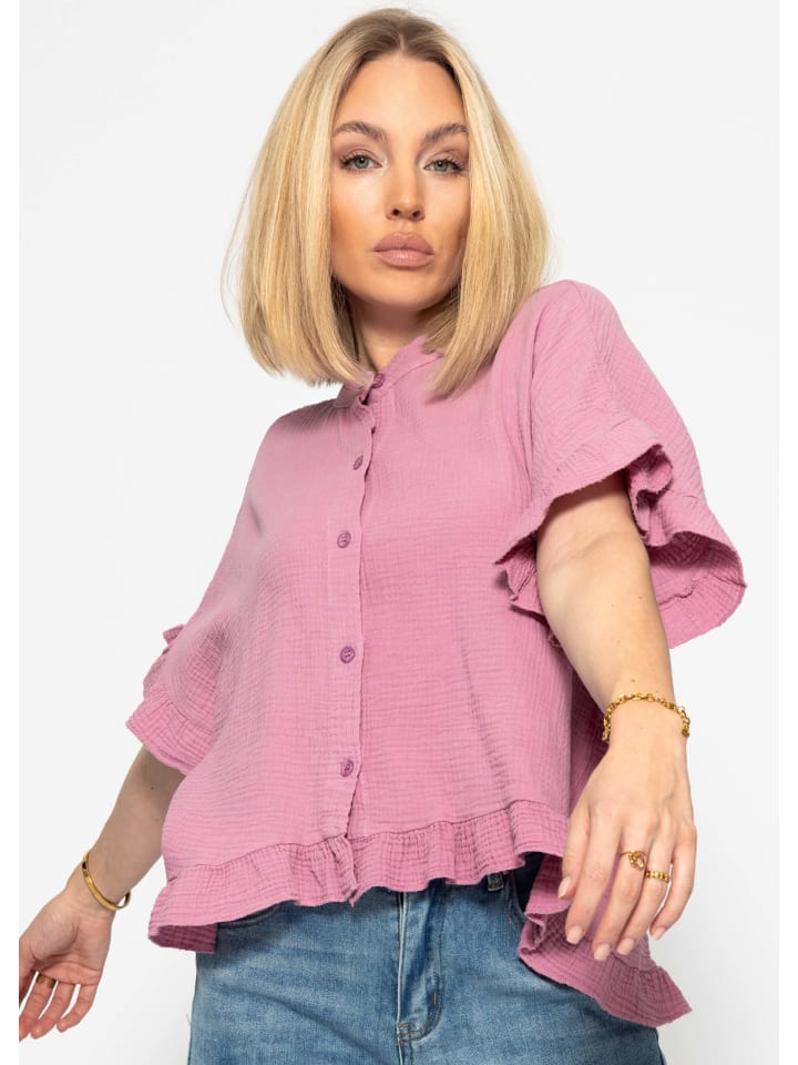 SASSYCLASSY Musselin Bluse mit Rüschensaum in Rosa günstig kaufen