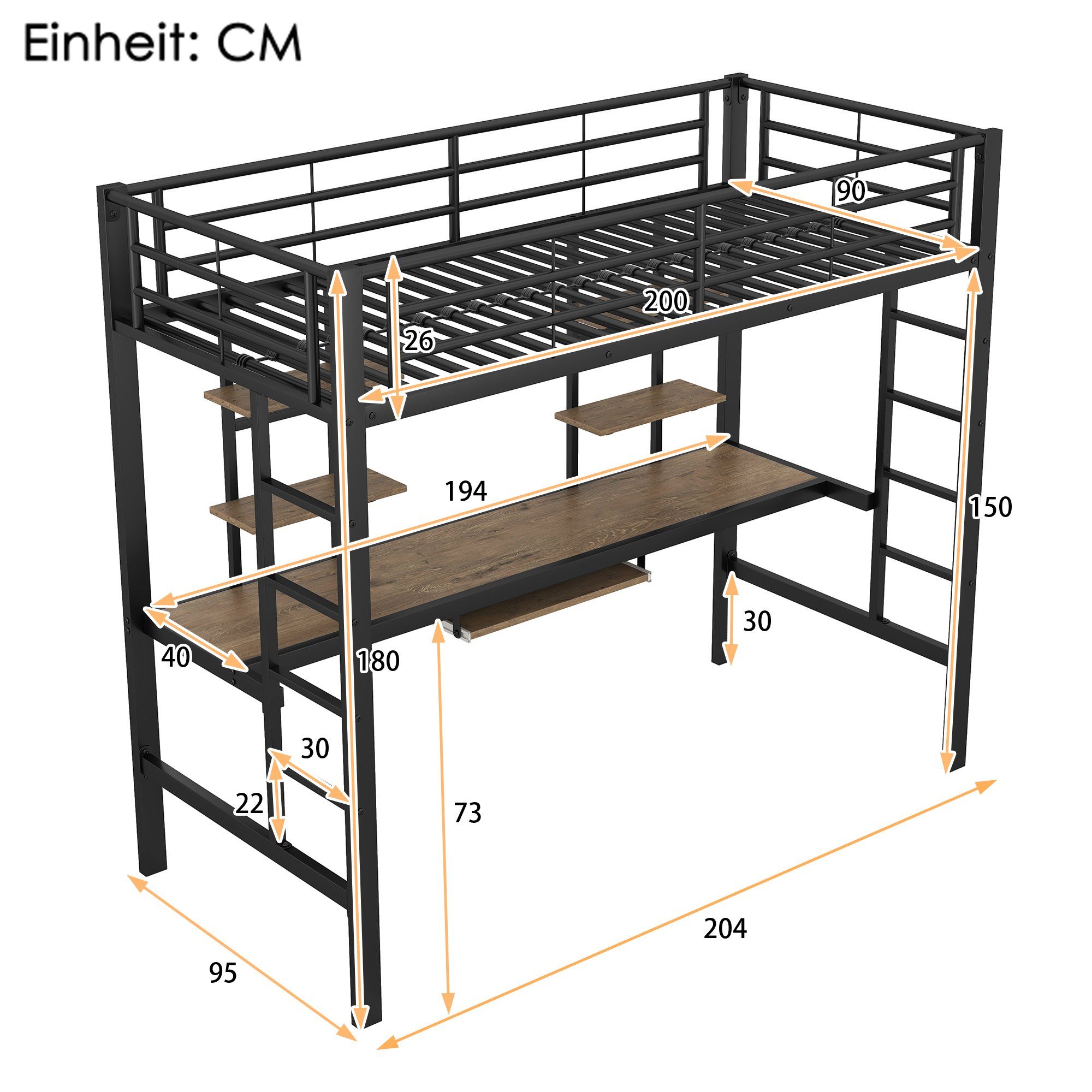 Ulife Hochbett Schwarz Metallbett mit Schreibtisch und 2 Bücherregalen ohne Stuhl 90x200cm
