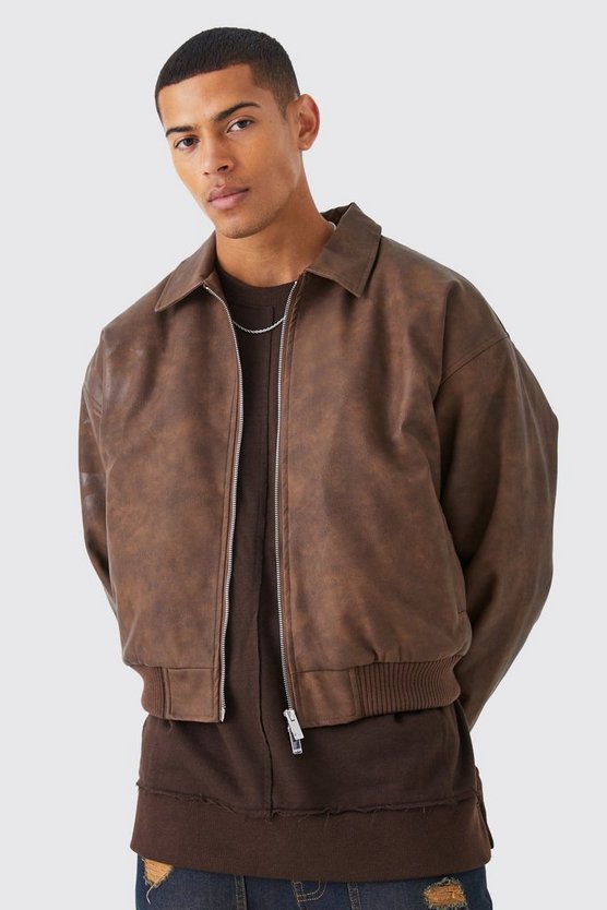 Kastige geprägte Vintage PU-Bomberjacke mit Kragen
