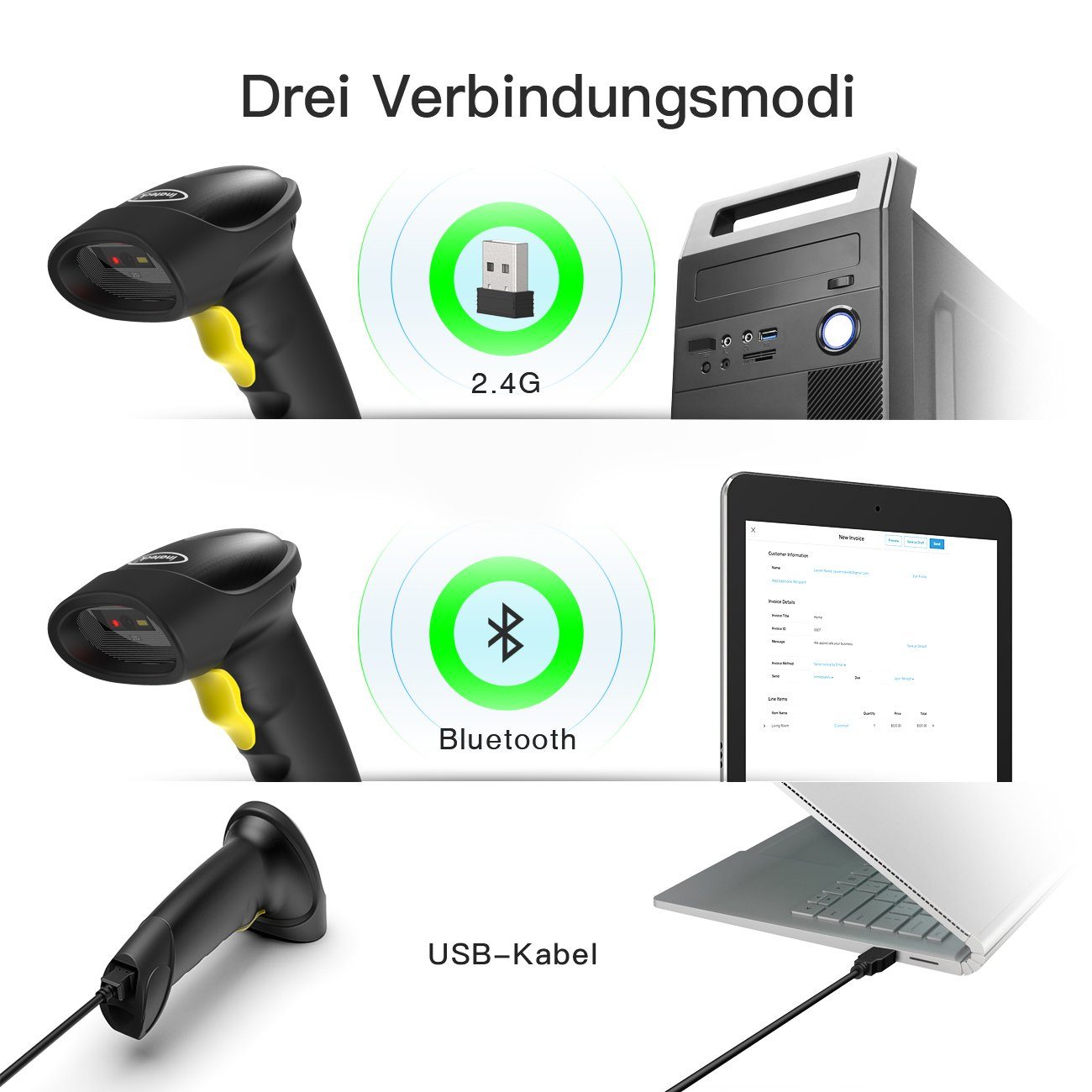 Inateck Barcode Scanner 2D Bluetooth, Wireless QR Code Scanner Handscanner