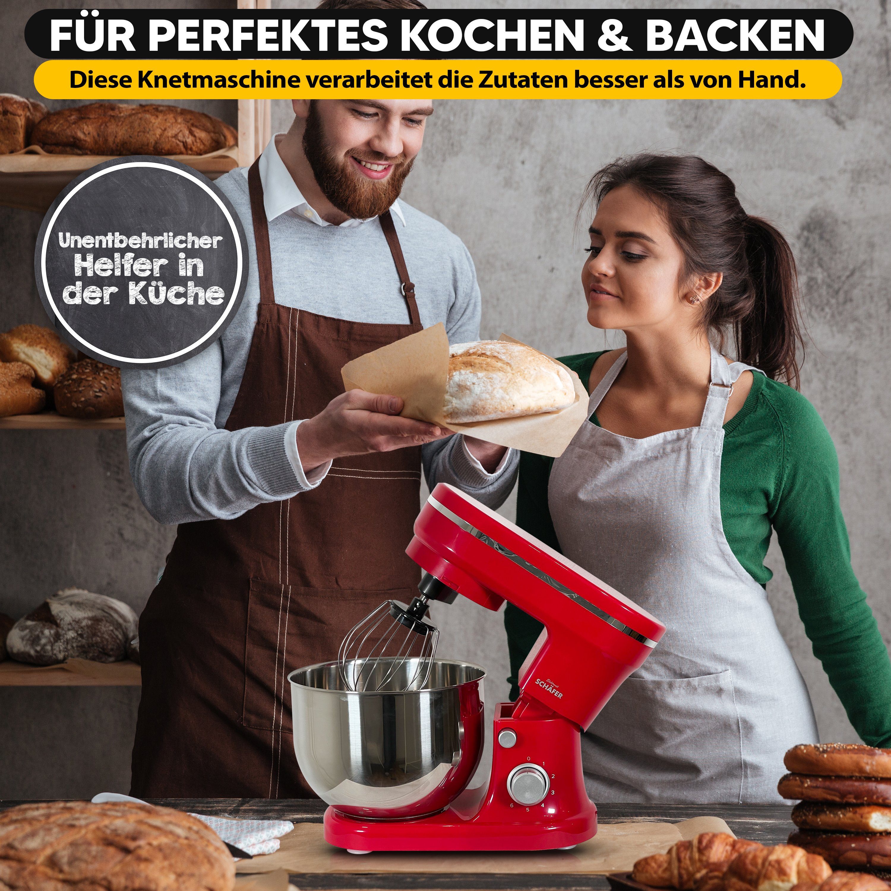 KESSMANN Schäfer Küchenmaschine 6 Stufen Edelstahl Schüssel Knetmaschine Rührgeräte & Mixer Küche, 1200 W, 5,00 l Schüssel, Inkl. 6 Zubehör Maschine für Teig Rührmaschine Knethaken Rührhaken