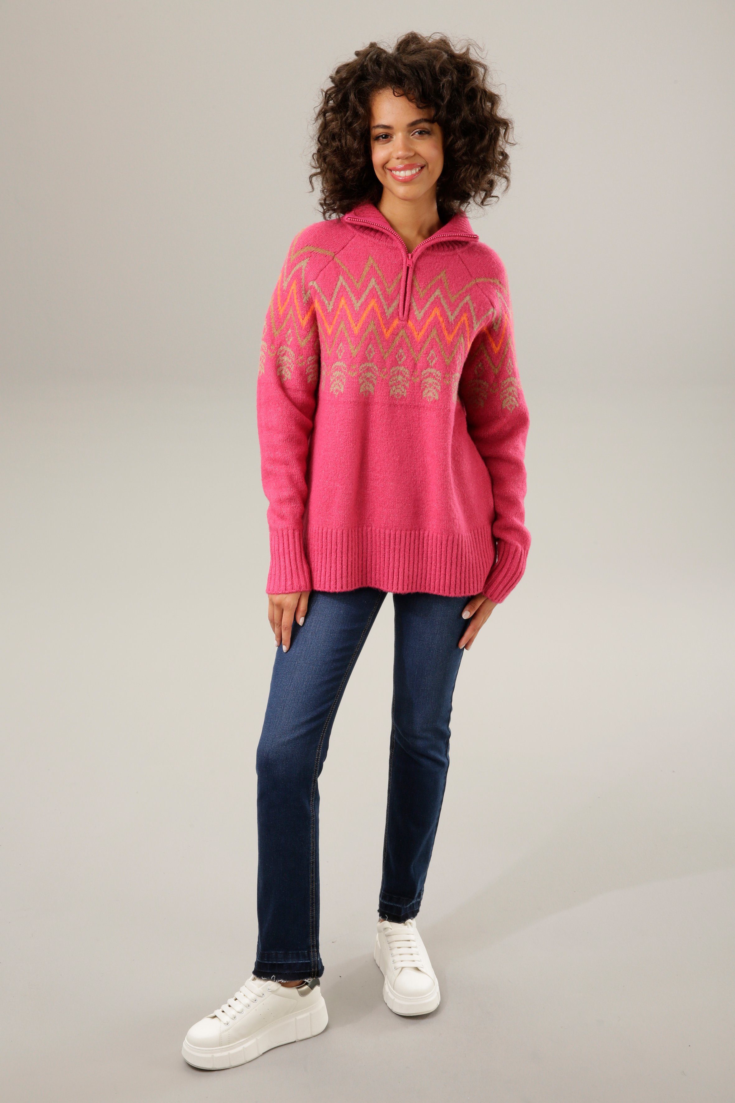 Aniston CASUAL Strickpullover mit Reißverschluss im Stehkragen
