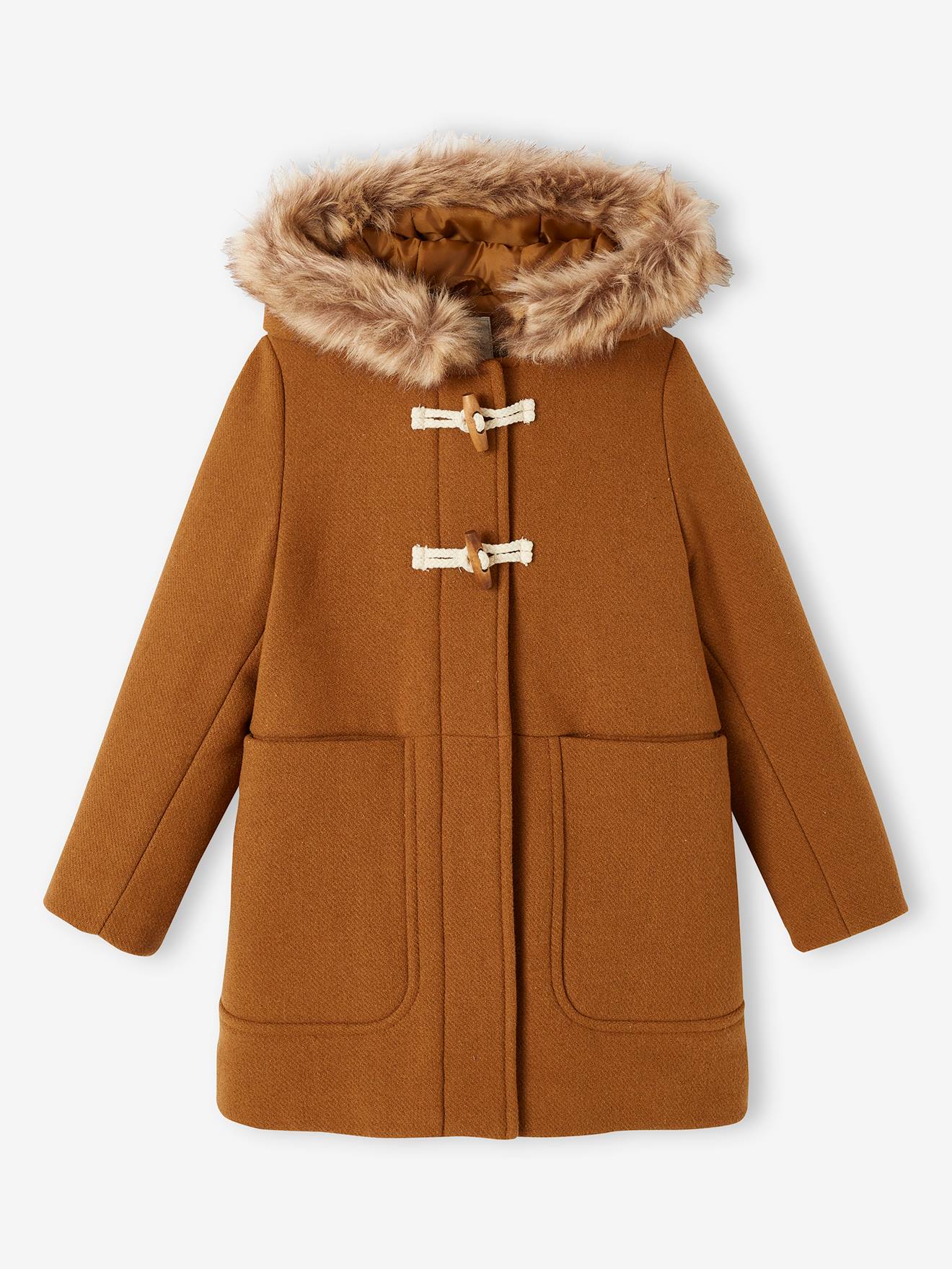 Duffle-coat à capuche en drap de laine fille fermeture par brandebourgs encre