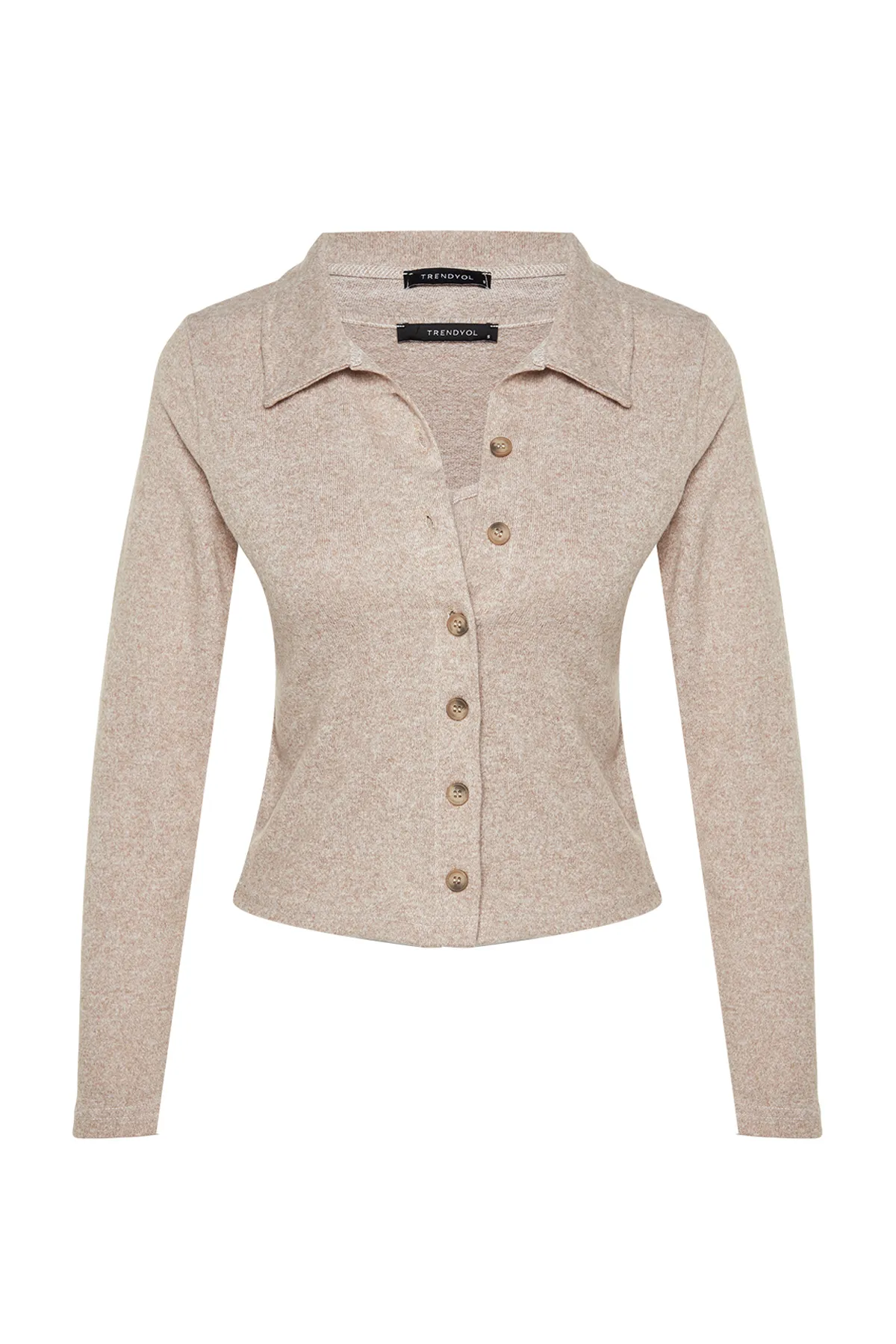 Trendyol Collection  Beiges, 2-teiliges Set aus Unterhemd und Strickjacke mit Hemdkragen und Knopfleiste TWOAW24HI00375