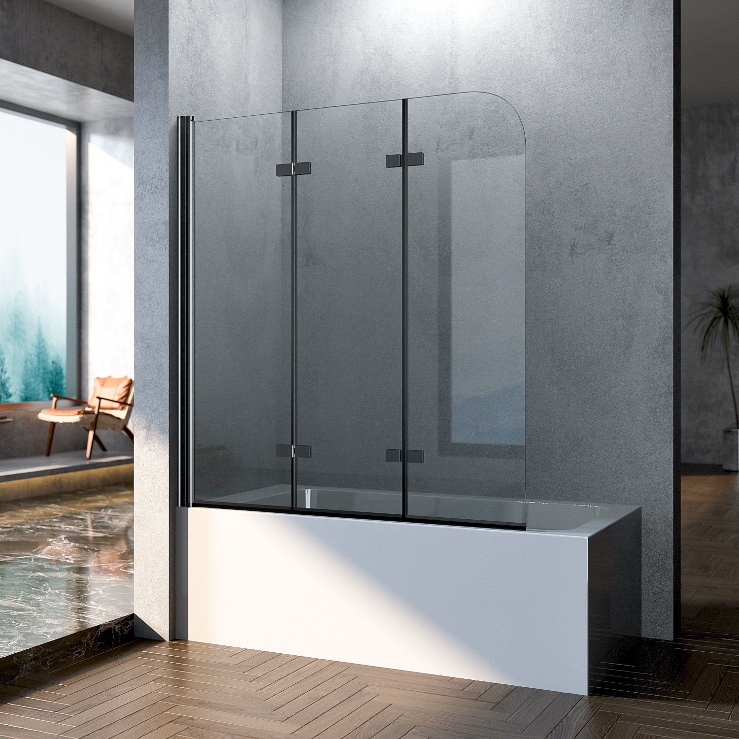 Boromal Badewannenaufsatz 3 teilig faltbar Schwarz 180° Faltwand Duschabtrennung Badewanne ESG, beideseitig Nano, Alu Wandprofil, (Duschwand für Badewanne, 120x140cm, 130x140cm), Rechts-und Links montierbar, Hebe-/Senkfunktion
