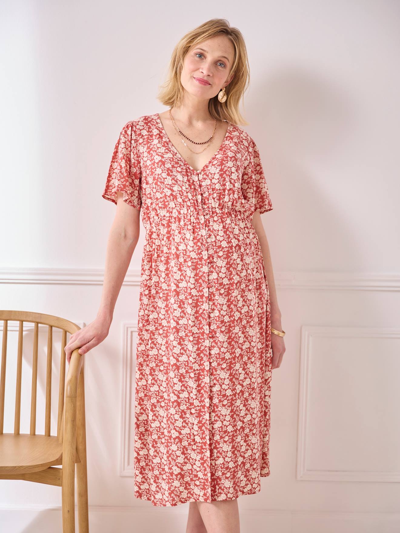 Vertbaudet Maxikleid mit Knopfleiste, Schwangerschaft & Stillzeit - terrakotta farbe