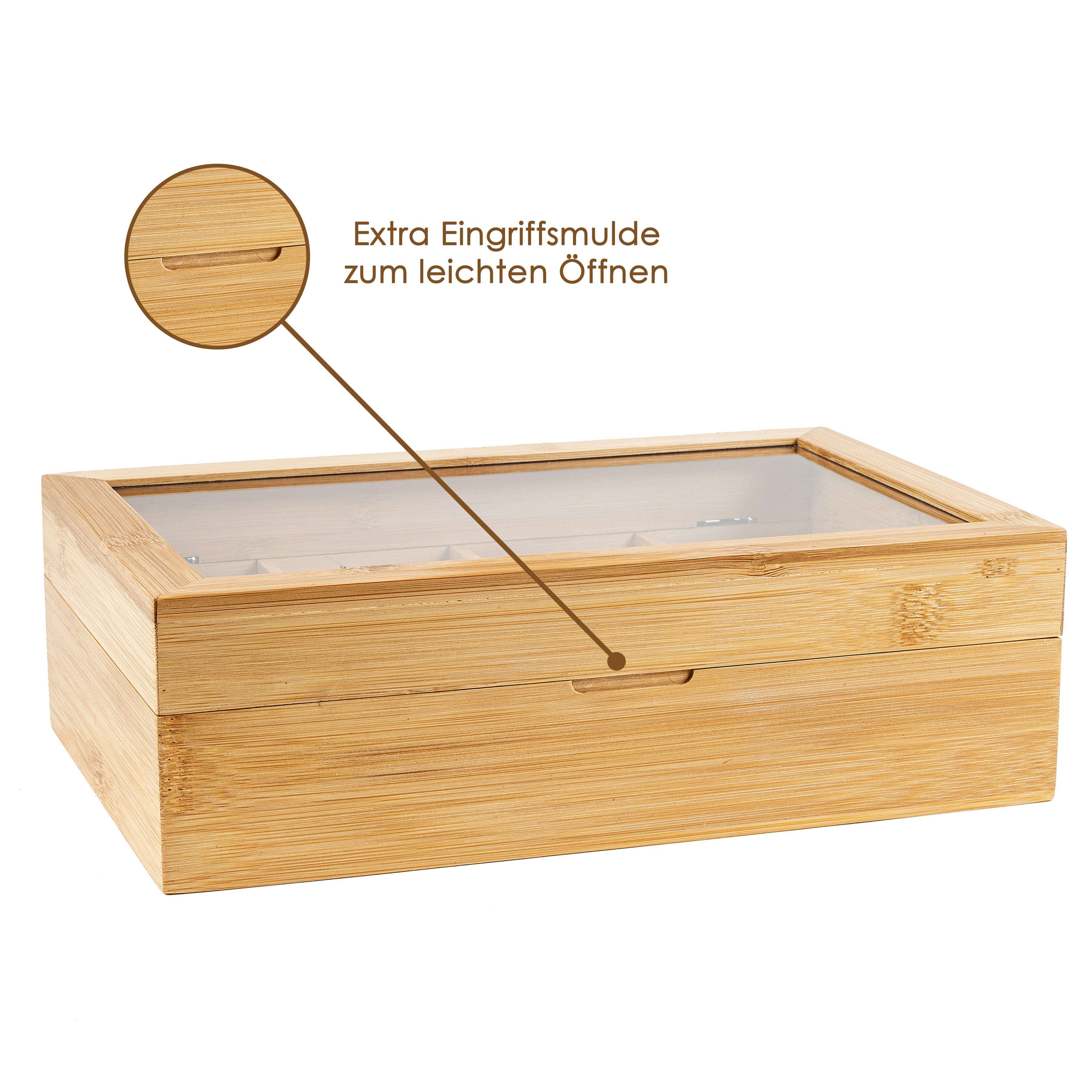 Hanseküche Teebox Premium Teebox – FSC®-zertifiziert, Bambus, (Teebox, 1-tlg., mit 8 Fächern), Deckel mit Sichtfenster, Platzsparendes Format für 136 Teebeutel