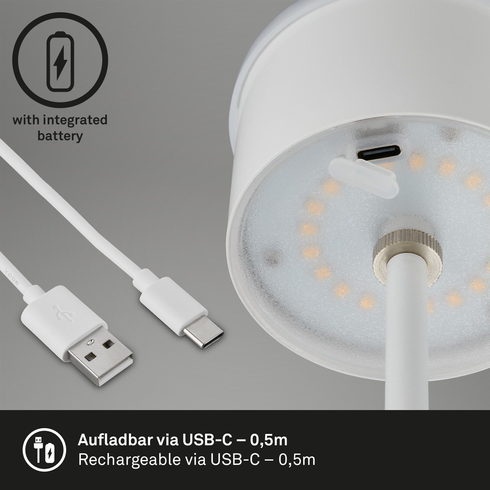 Briloner Leuchten Außen-Tischleuchte 7438016, LED fest verbaut, Warmweiß, mit Akku, höhenverstellbar, USB-C, warmweiß, IP44, silber, 38 cm