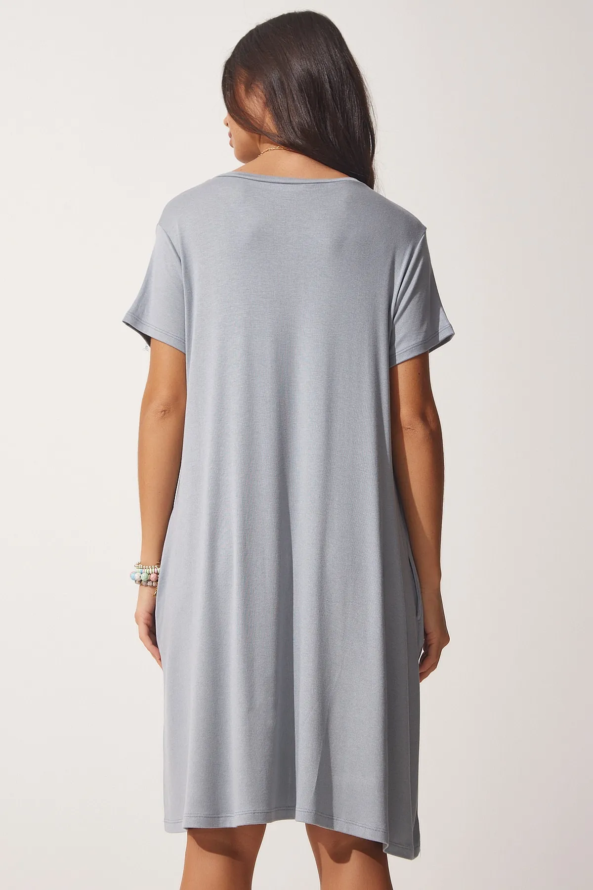 Happiness İstanbul  Steingraues A-Linien-Sommerkleid für Damen aus gekämmter Baumwolle UB00088
