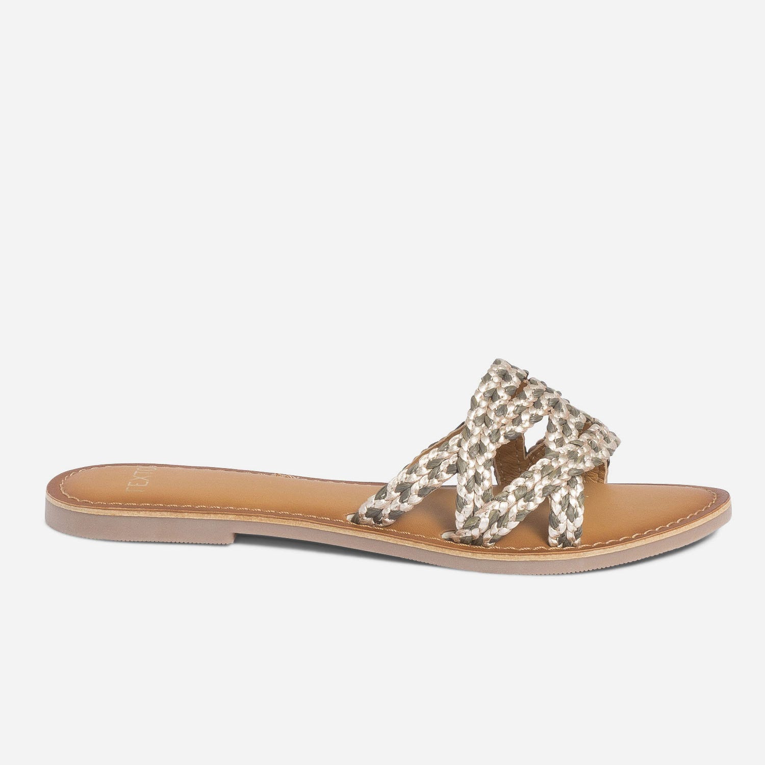 Mule TEXTO dorée et kaki en cuir et raphia tressé