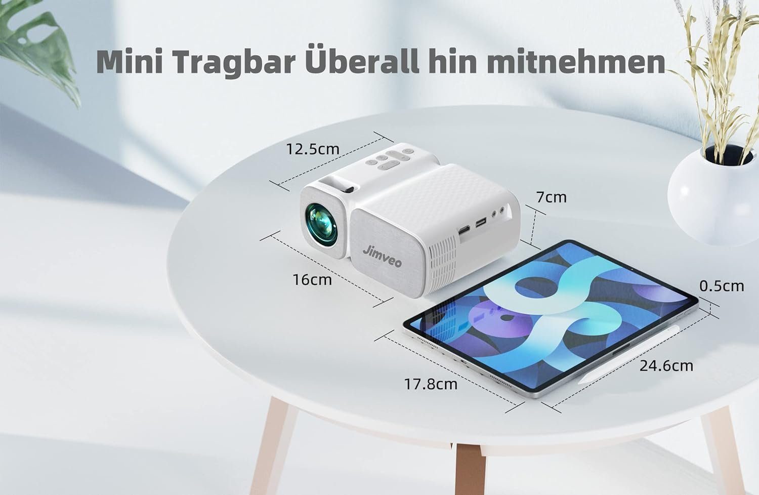 Jimveo Portabler Projektor (9000 lm, 3840 x 2160 px, 1080p Full HD Beamer 250''Display Mini Projektor LCD Heimkino Outdoor)