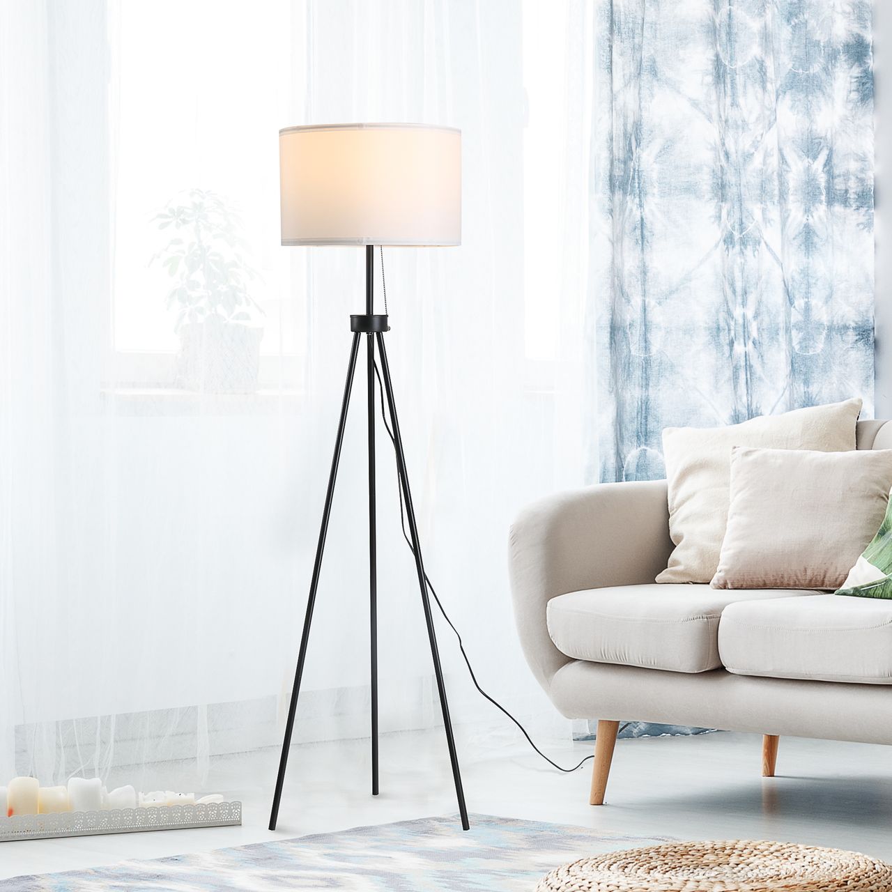HOMCOM Stehlampe Stehleuchte Standleuchte E27, Stahl Polyester, 37x37x152cm (Schwarz Weiß)