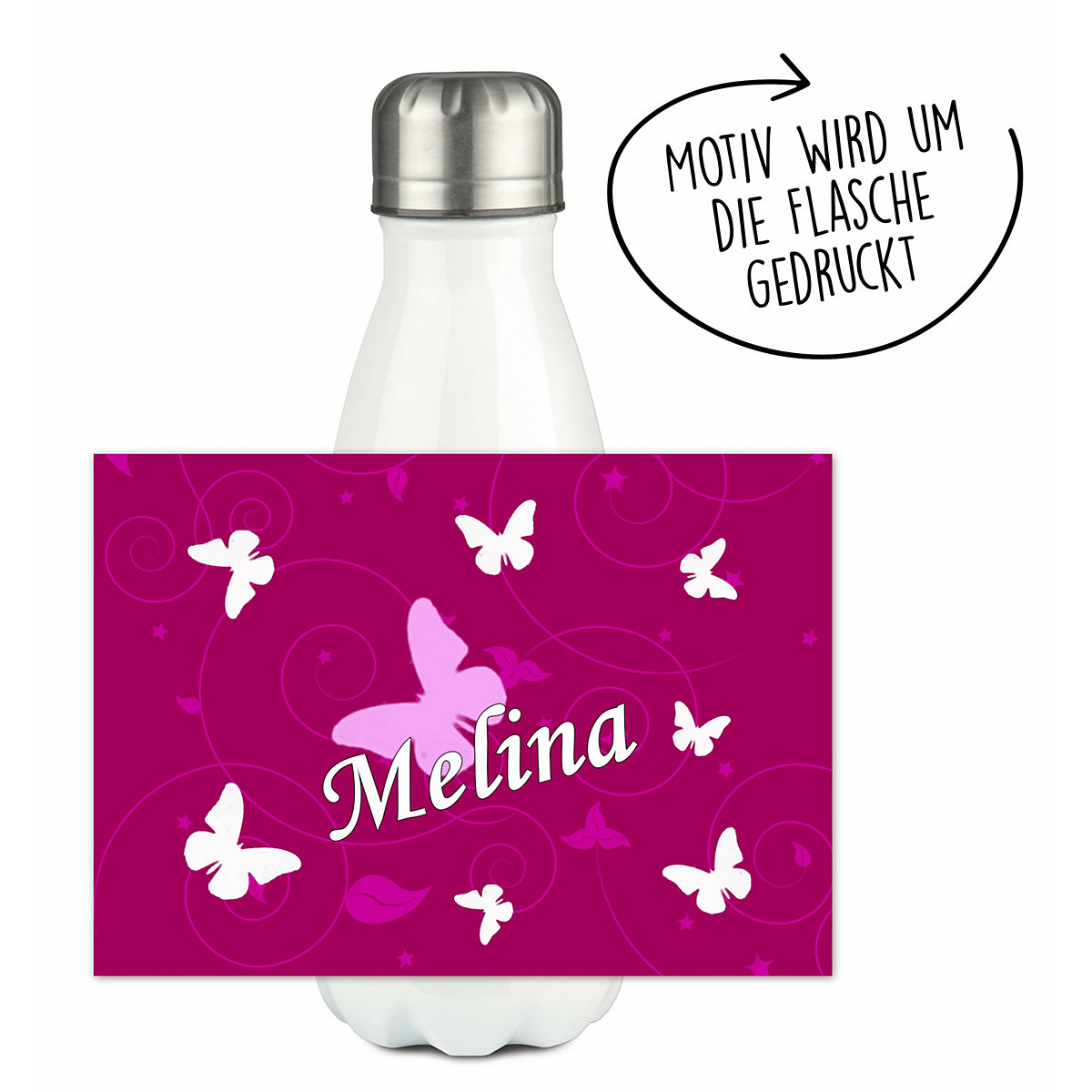 Edelstahl Kinder Thermoflasche / Trinkflasche bunt Schmetterling Ornamente Farbe brombeere Spülmaschinenfest, Auslaufsicher, Bruchfest, Doppelwandig, Für Heißgetränke geeignet, Mit Deckel, Isolier