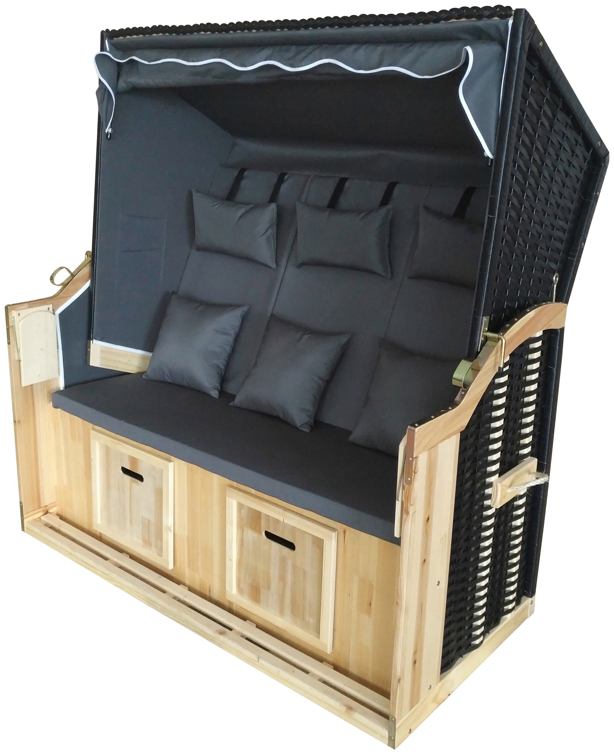 KONIFERA Strandkorb Spiekeroog, BxTxH: 150x72x160 cm, Halblieger, Ostsee-Modell, 3-Sitzer, inkl. Klapptisch