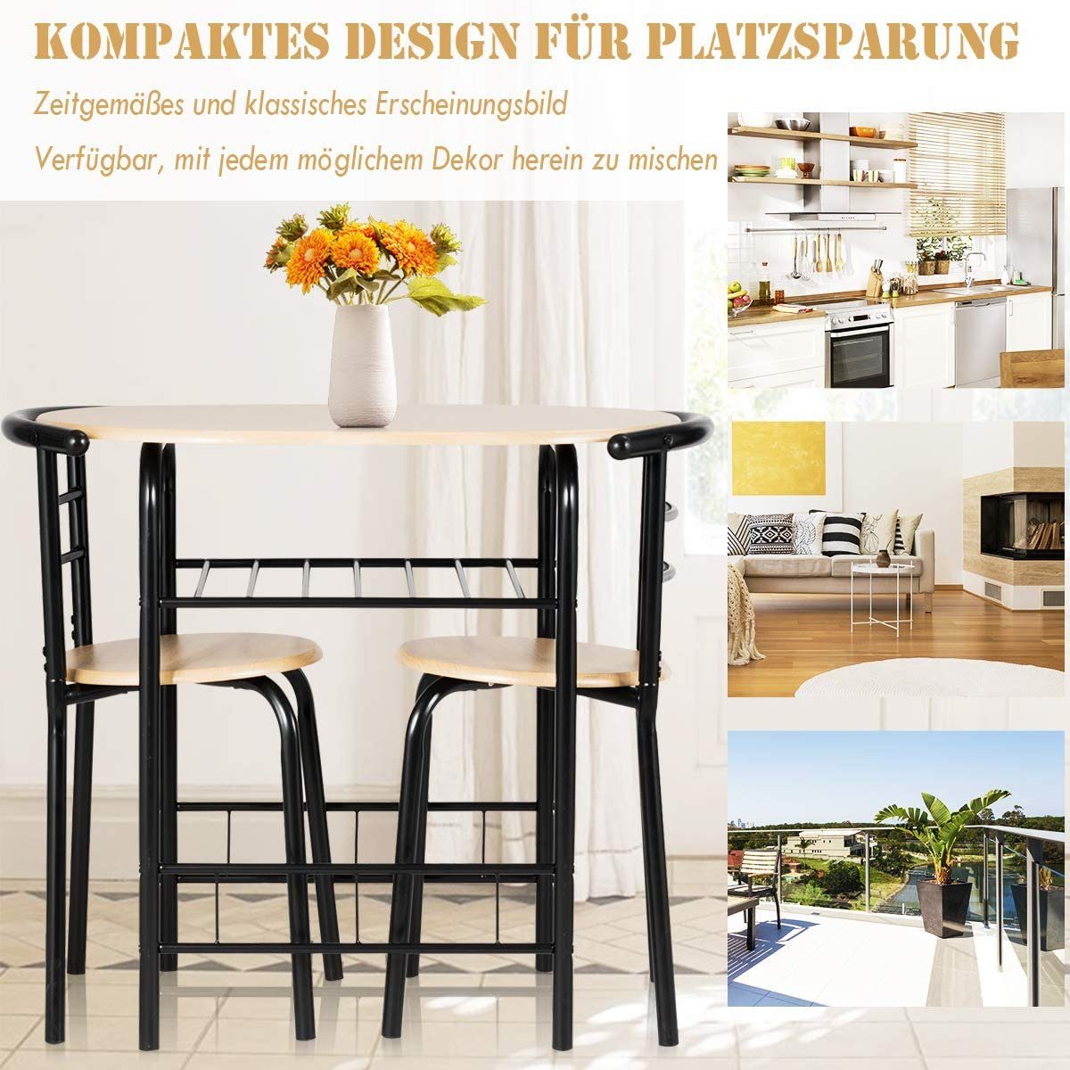 COSTWAY Küchentisch, mit Stühlen für 2, Esspruppe mit Stauraum, platzsparend