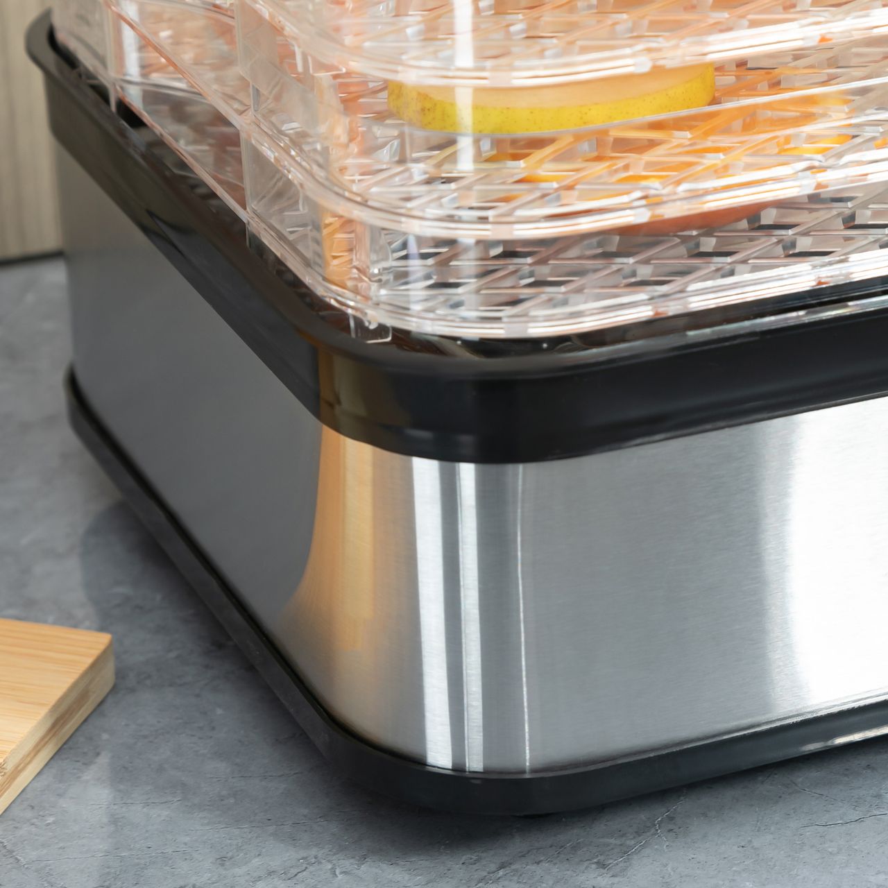 HOMCOM Dörrautomat Dörrgerät mit 5 Einlegefächer, 35-70°C, Obsttrockner Dehydrator für Fleisch Obst Haustier-Leckereien Edelstahl Silber Transparent 32 x 25 x 29cm