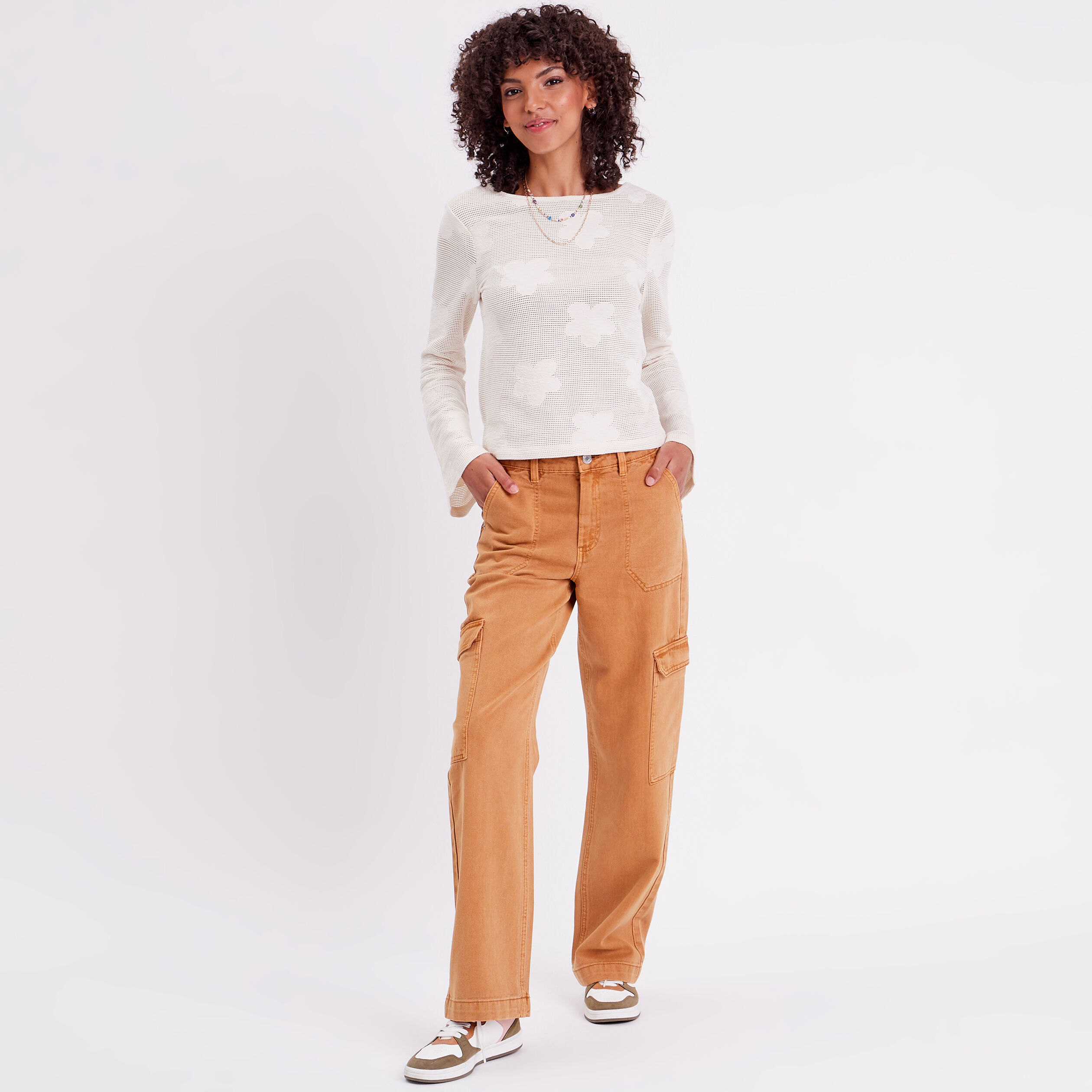Pantalon cargo jambes larges marron femme | Cache Cache