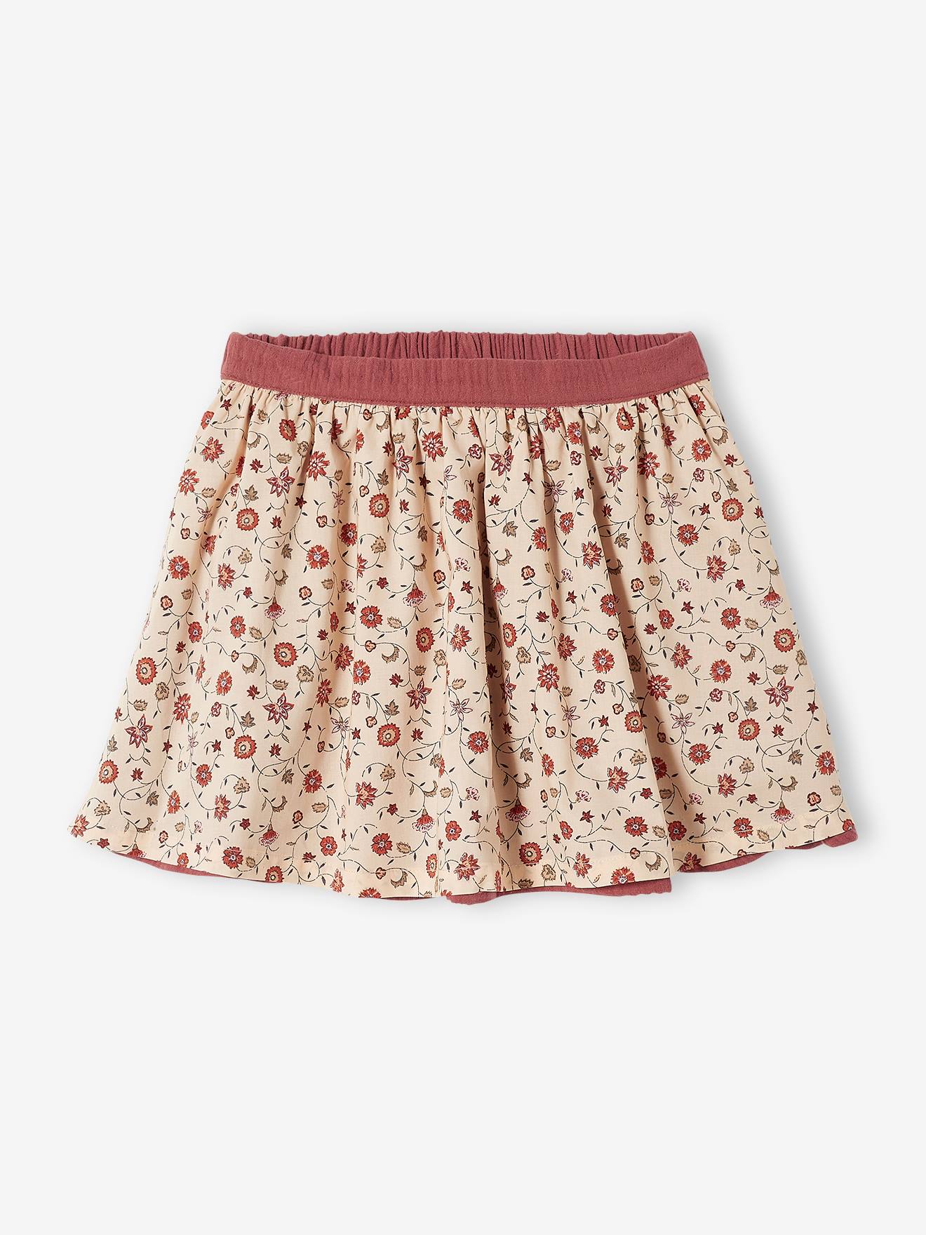 Jupe réversible fille en gaze de coton et imprimé fleurs bleu