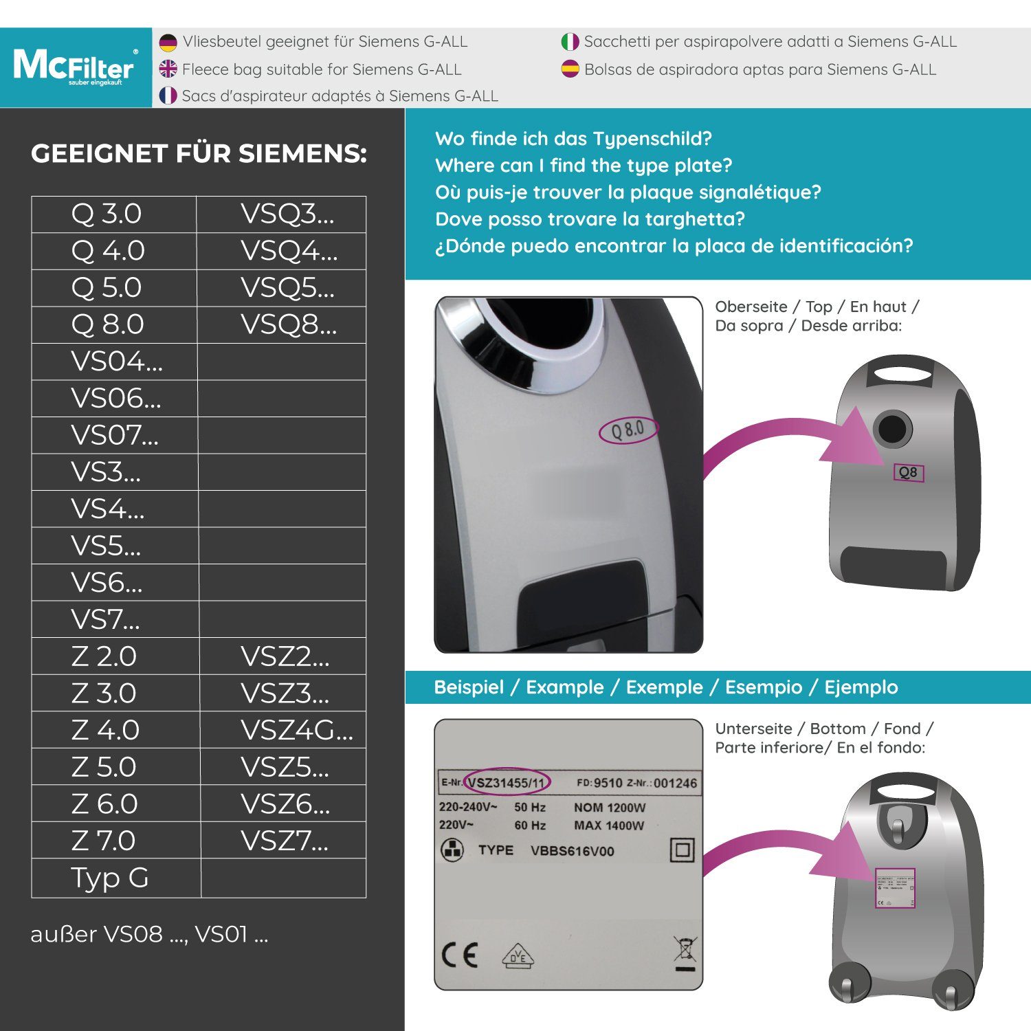 McFilter Staubsaugerbeutel, passend für Siemens VS06A111, VSP3T212 Staubsauger IQ 300, 16 St., 5-lagiger Staubbeutel mit Hygieneverschluss, inkl. Filter