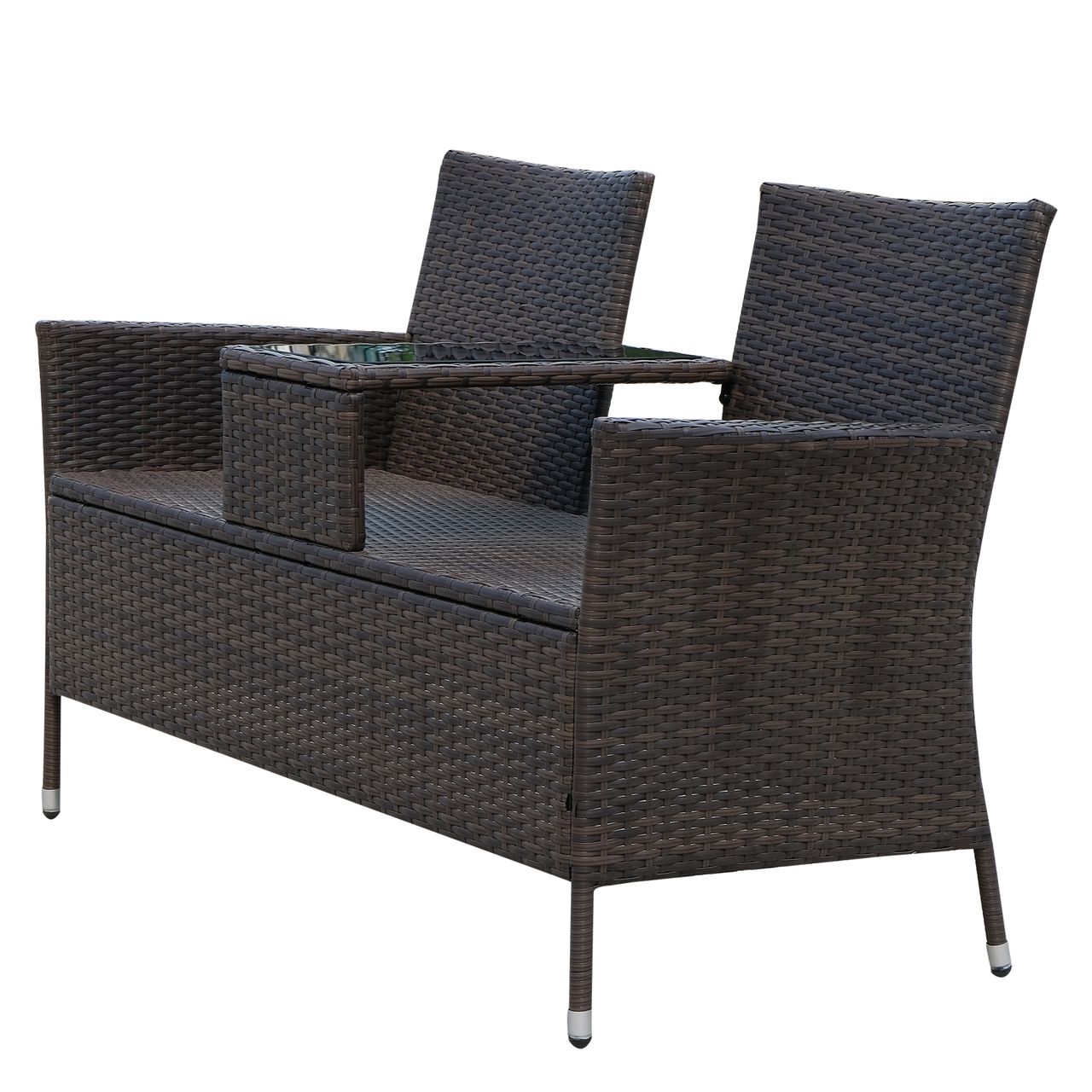 Outsunny Polyrattan Gartenbank Gartensofa Sitzbank mit Tisch 2-Sitzer Stahl Braun