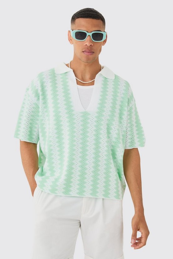 Kastiges gestreiftes Oversize Poloshirt in Weiß
