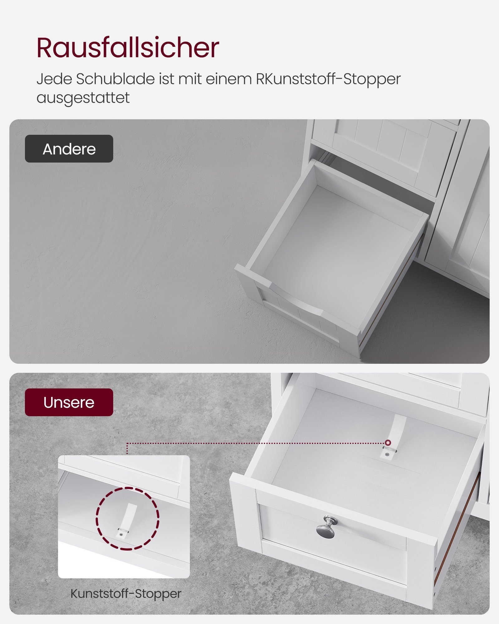 VASAGLE Badkommode Badezimmerschrank, mit 3 Schubladen, verstellbare Ablage