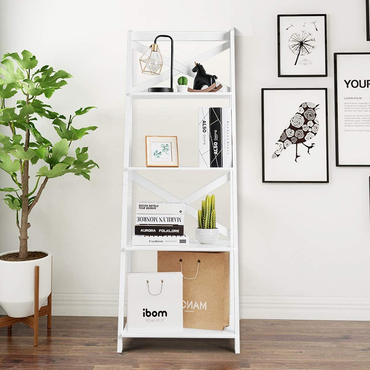 COSTWAY Leiterregal Bücherregal, 1-tlg., 4 Ebenen, aus Holz, 50x45x145cm