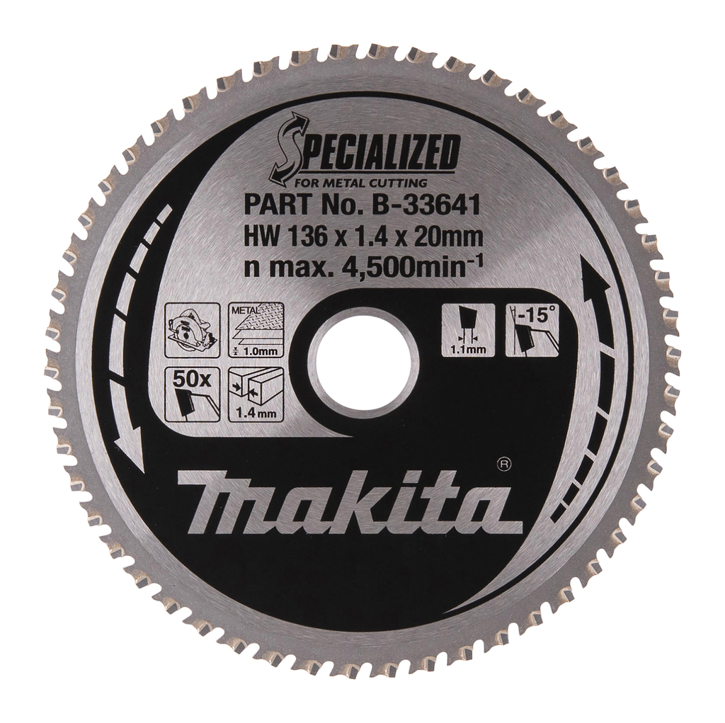 Makita-lisävarusteet B-33641 pyörösahanterä ohutlevyteräs Specialized 136x20x1.4 50T -15g