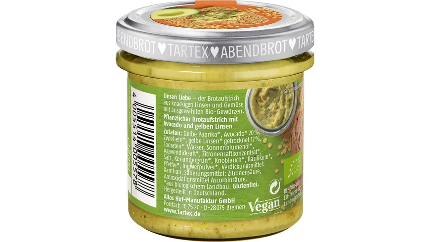 Tartex Bio Linsen Liebe Gelbe Linse Avocado 140 g