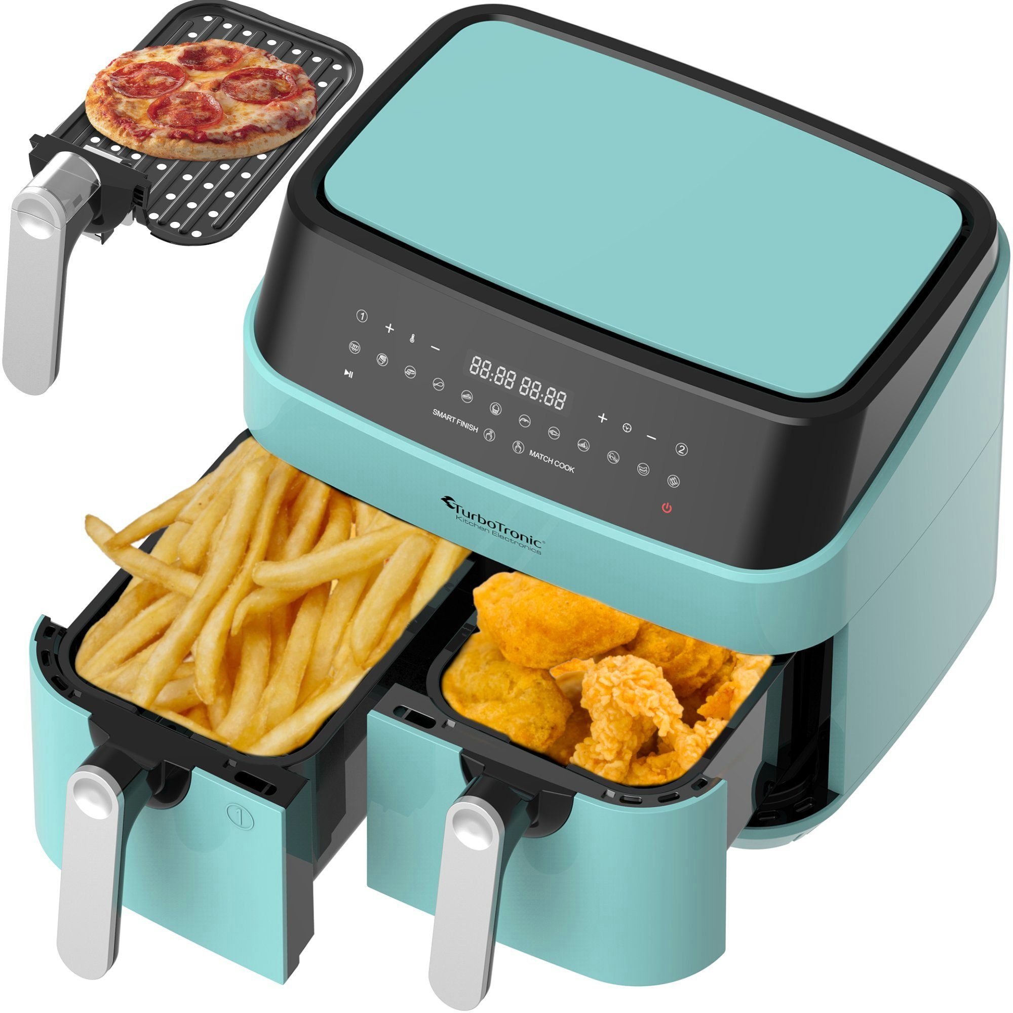 TurboTronic by Z-Line Heißluftfritteuse XXL Doppelkammer 2x 4,5 Liter, 50°C - 200°C, Power, dual, Camping, 1600 W, Fritteuse ohne Fett, digitaler doppel Airfryer Fettfrei