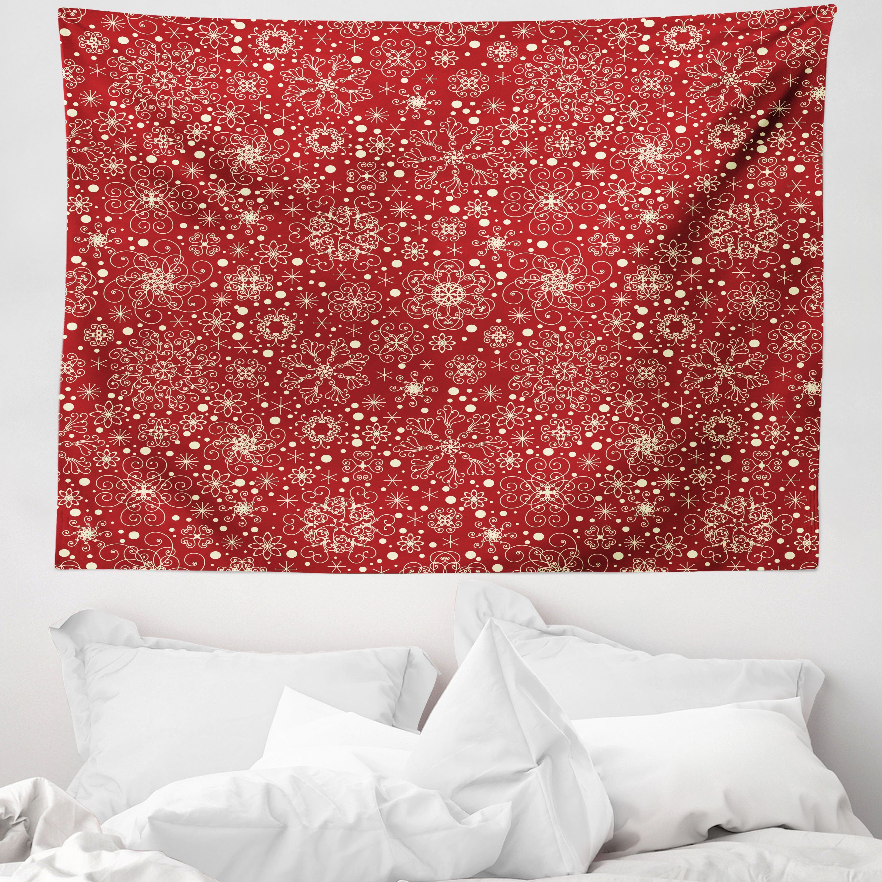 Wandteppich aus Weiches Mikrofaser Stoff Für das Wohn und Schlafzimmer, Abakuhaus, rechteckig, rot Filigree Stil Schneeflocken