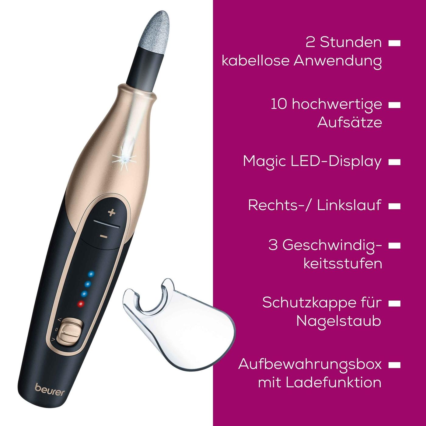 Beurer Wiederaufladbares Maniküre- & Pediküreset MP 84-Kabelloser Nagelfräser für Maniküre & Pediküre mit 10 Saphir- & Filzaufsätzen