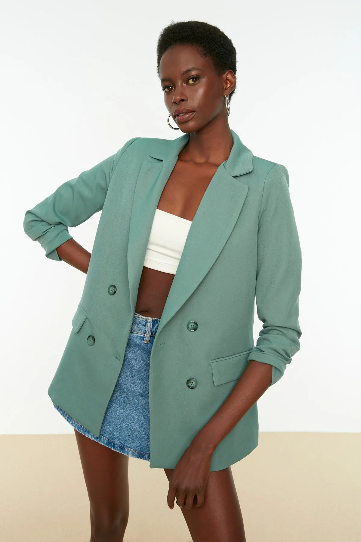 Trendyol Collection  Mintfarbene, gewebte, gefütterte Zweireiher-Blazerjacke TWOAW21CE0264